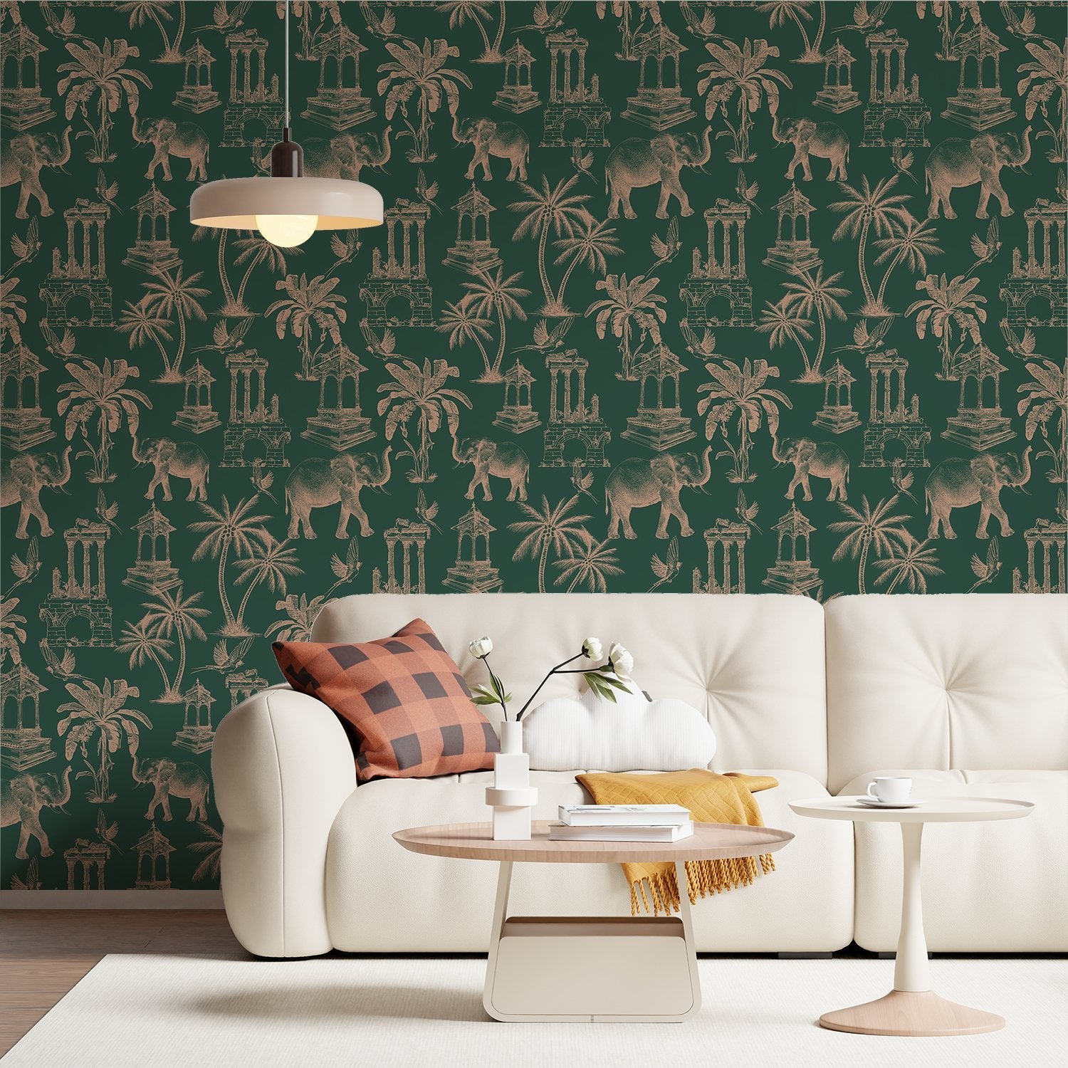 Navy blue toile pattern featuring elephants, palm trees and classical monuments on white background - view 13 - final