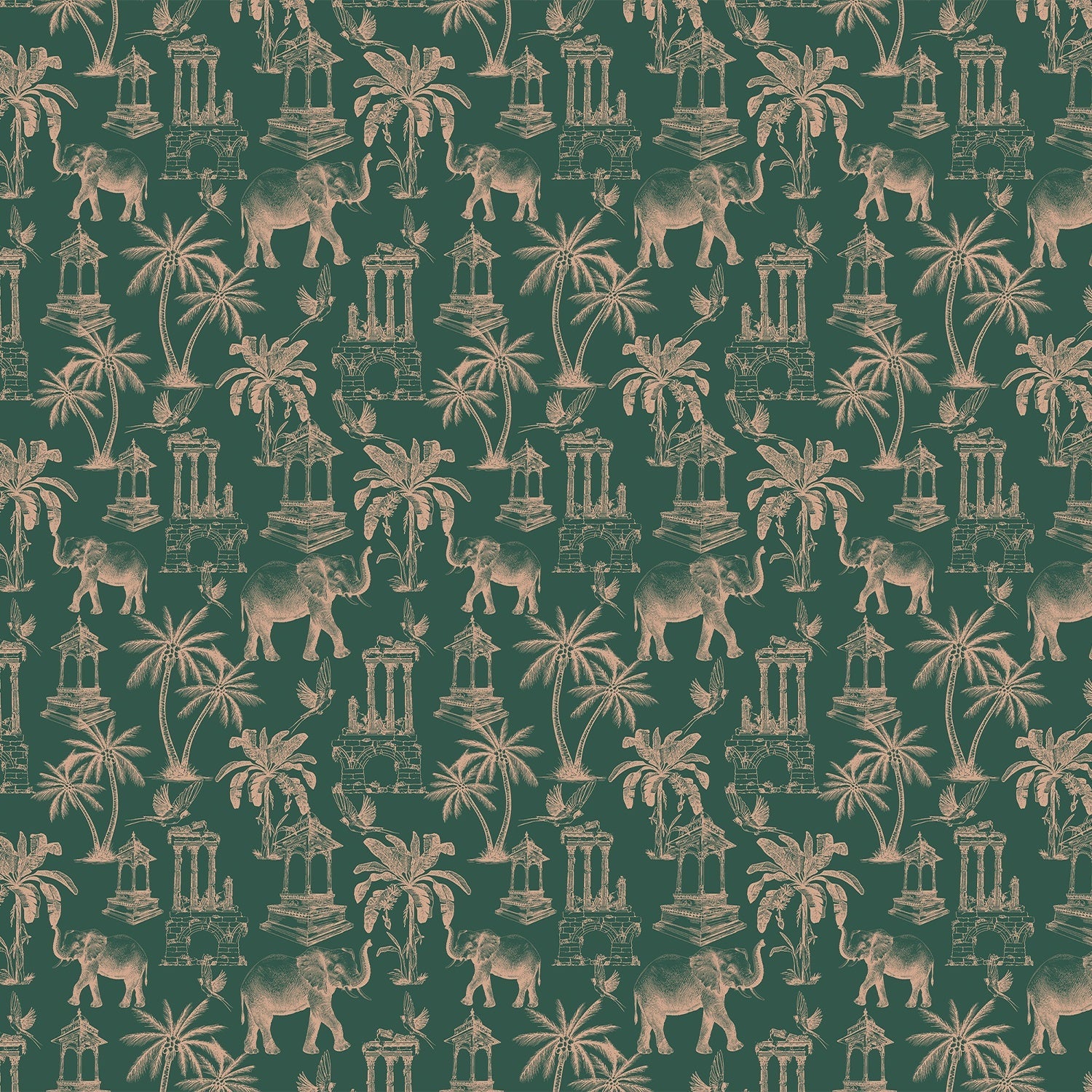 Navy blue toile pattern featuring elephants, palm trees and classical monuments on white background - view 14 - final