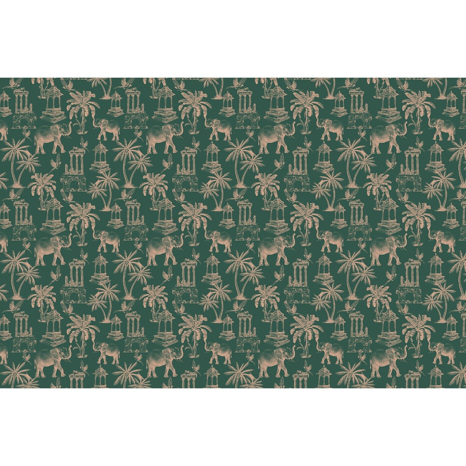 Navy blue toile pattern featuring elephants, palm trees and classical monuments on white background - view 15 - final