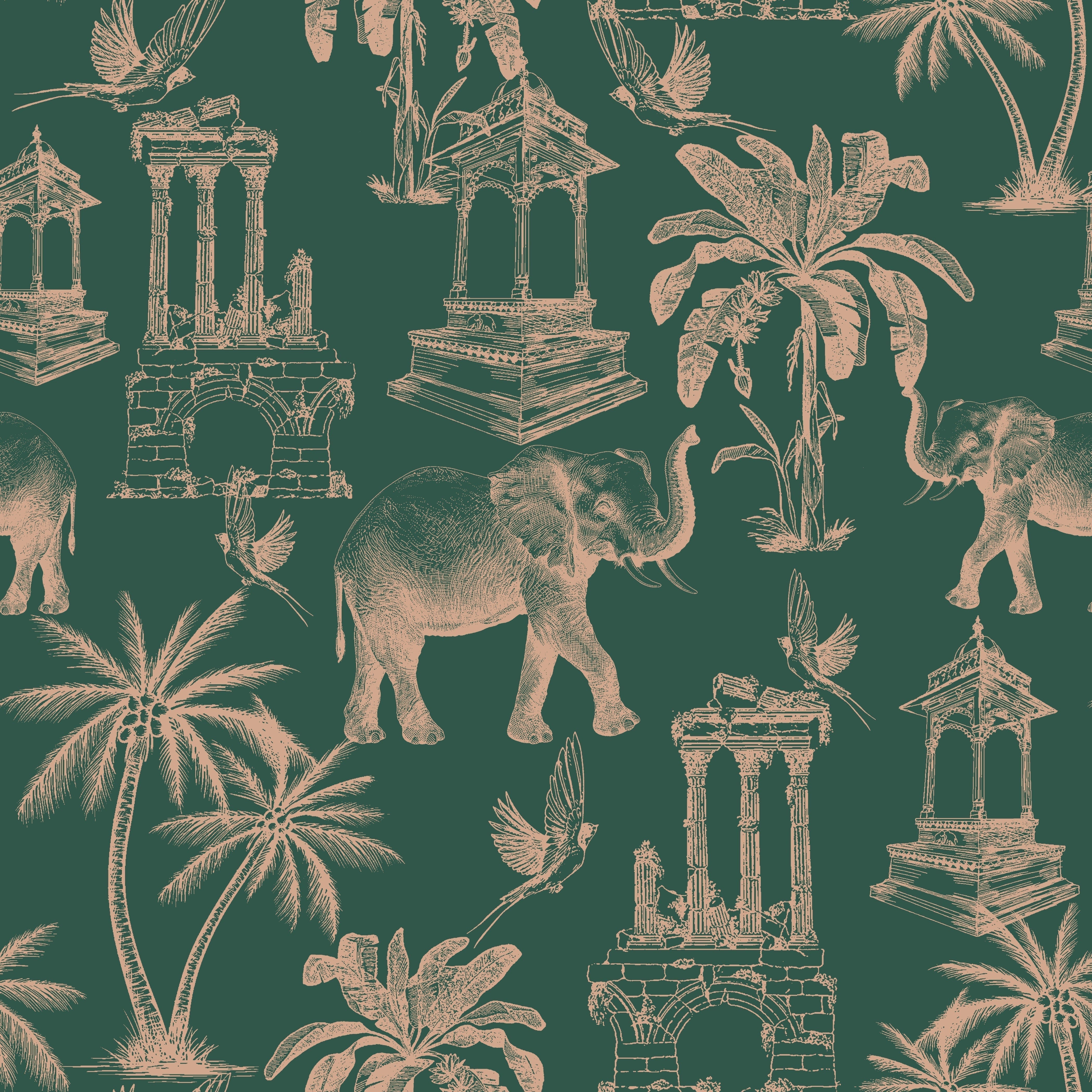 Navy blue toile pattern featuring elephants, palm trees and classical monuments on white background - view 16 - repeat-original - final