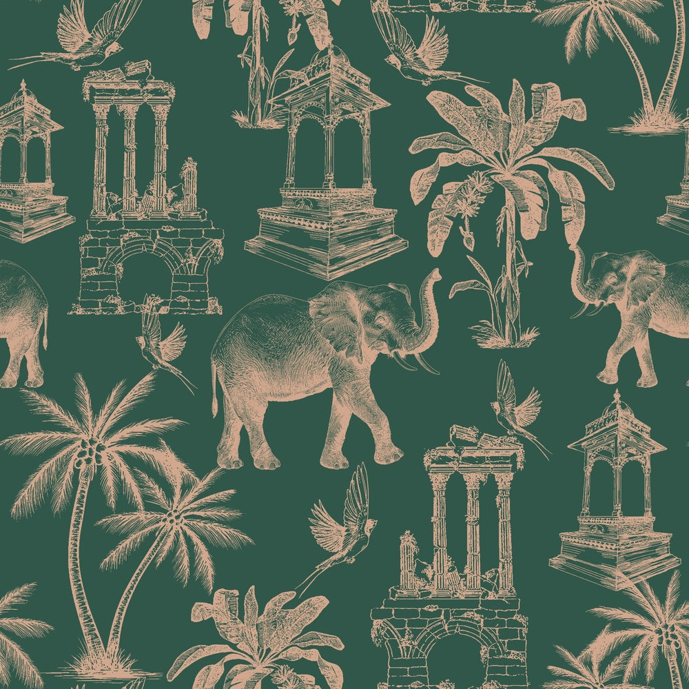 Navy blue toile pattern featuring elephants, palm trees and classical monuments on white background - view 17 - repeat-small - final