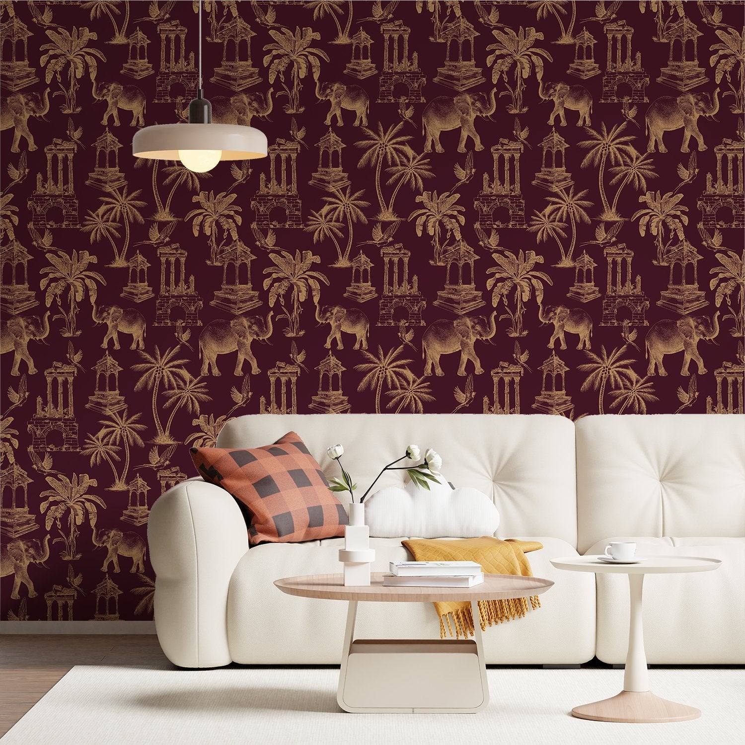 Navy blue toile pattern featuring elephants, palm trees and classical monuments on white background - view 18 - final