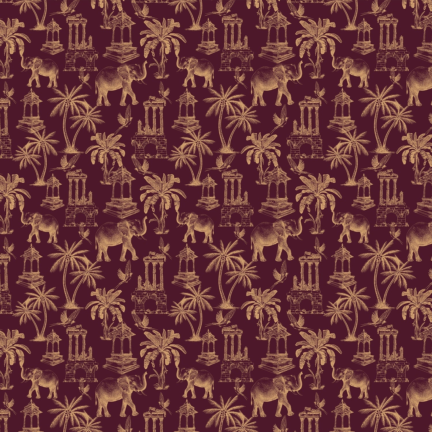 Navy blue toile pattern featuring elephants, palm trees and classical monuments on white background - view 19 - final