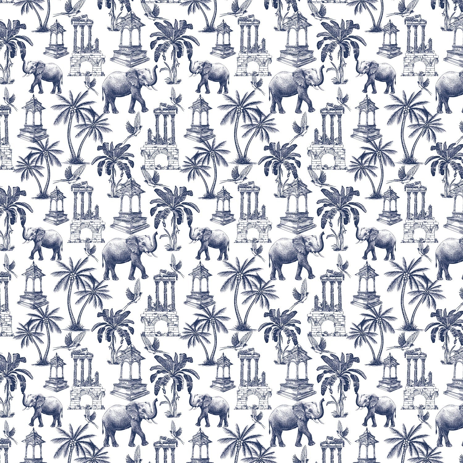Navy blue toile pattern featuring elephants, palm trees and classical monuments on white background - view 2 - final
