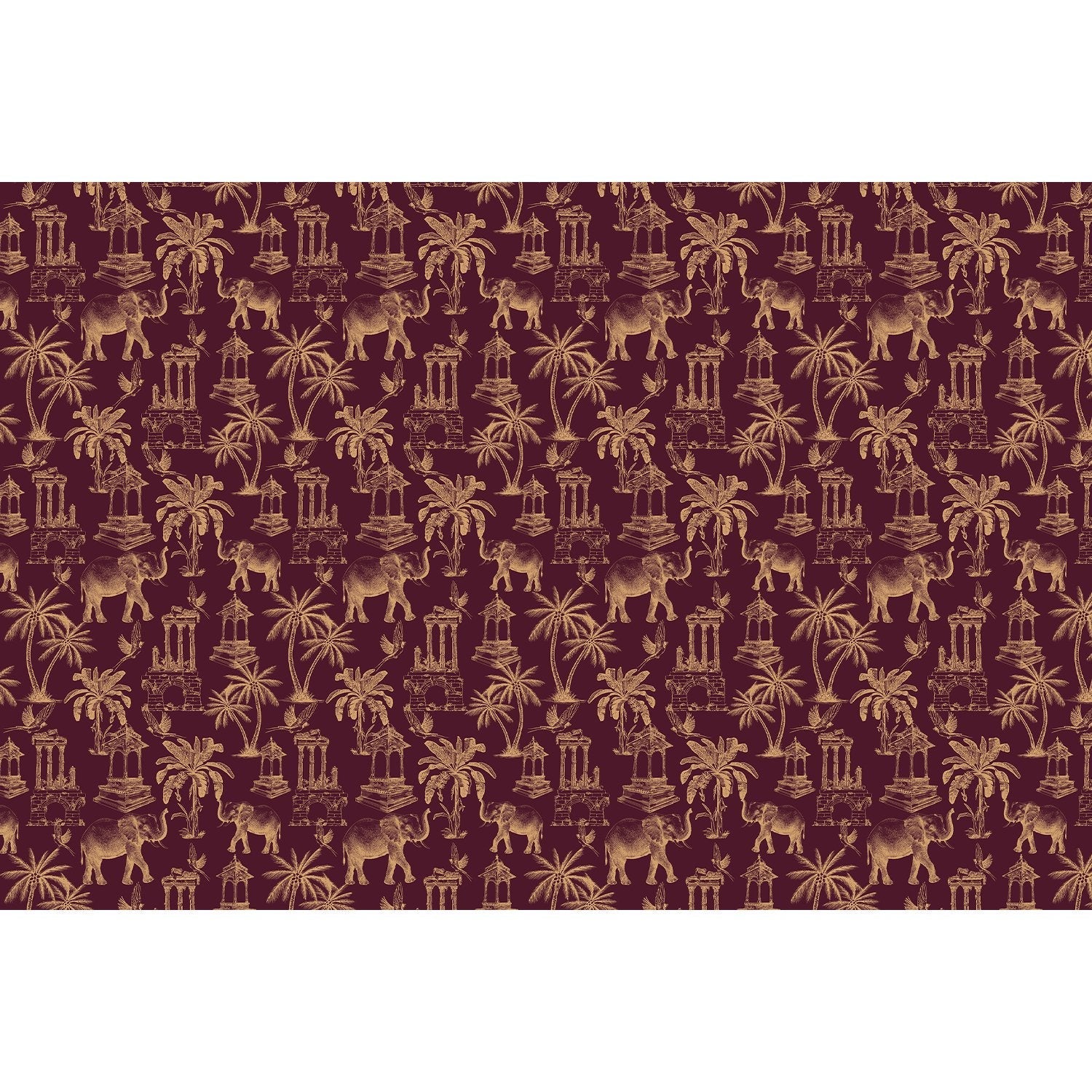 Navy blue toile pattern featuring elephants, palm trees and classical monuments on white background - view 20 - final