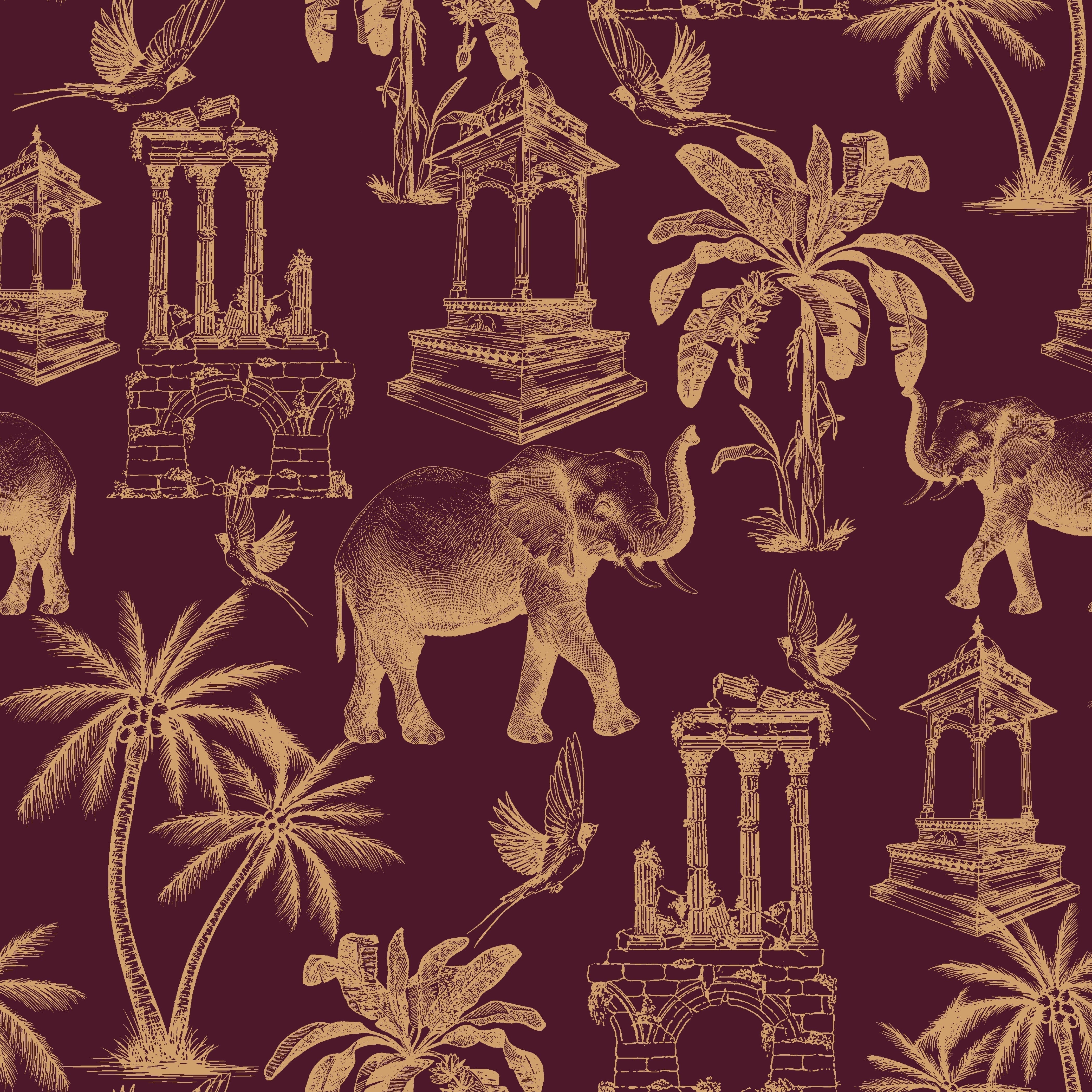 Navy blue toile pattern featuring elephants, palm trees and classical monuments on white background - view 21 - repeat-original - final