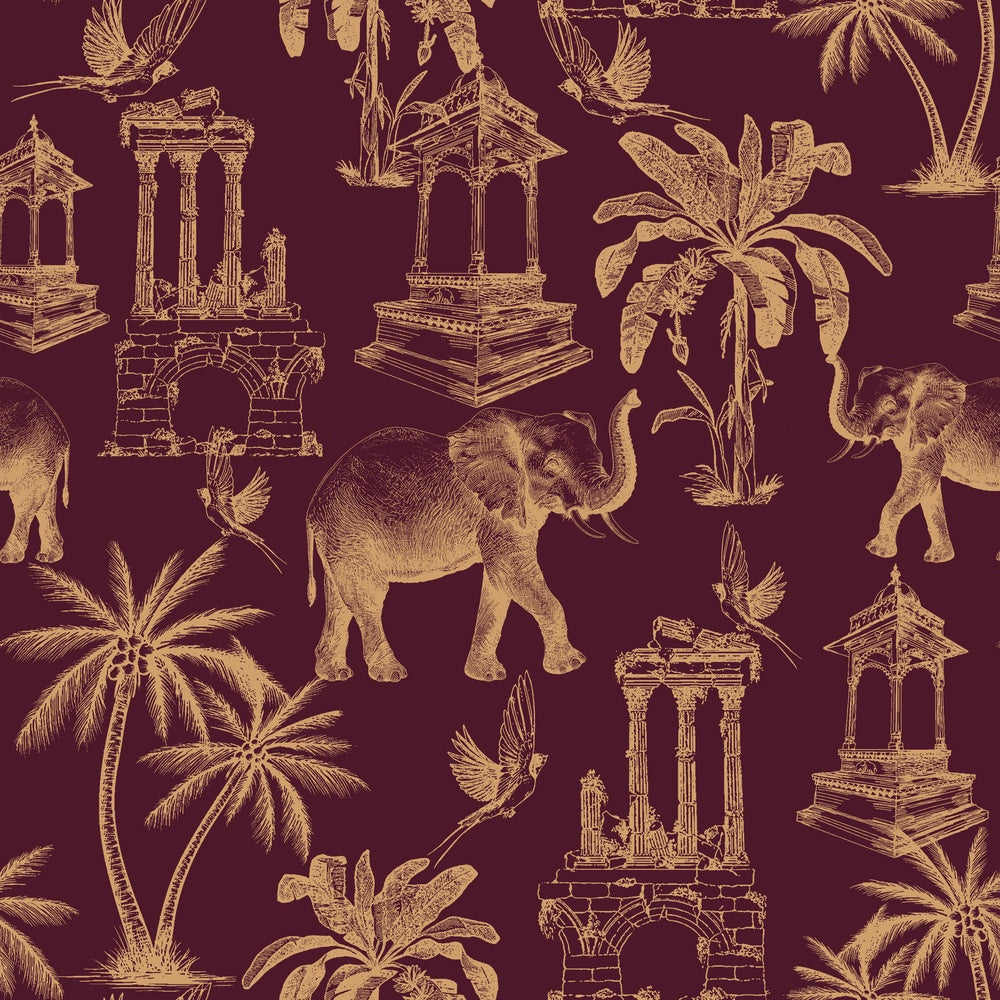 Navy blue toile pattern featuring elephants, palm trees and classical monuments on white background - view 22 - repeat-small - final