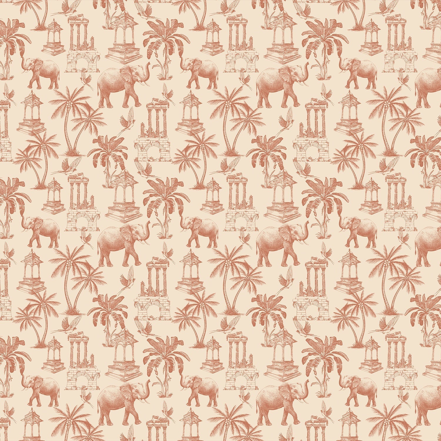 Navy blue toile pattern featuring elephants, palm trees and classical monuments on white background - view 24 - final