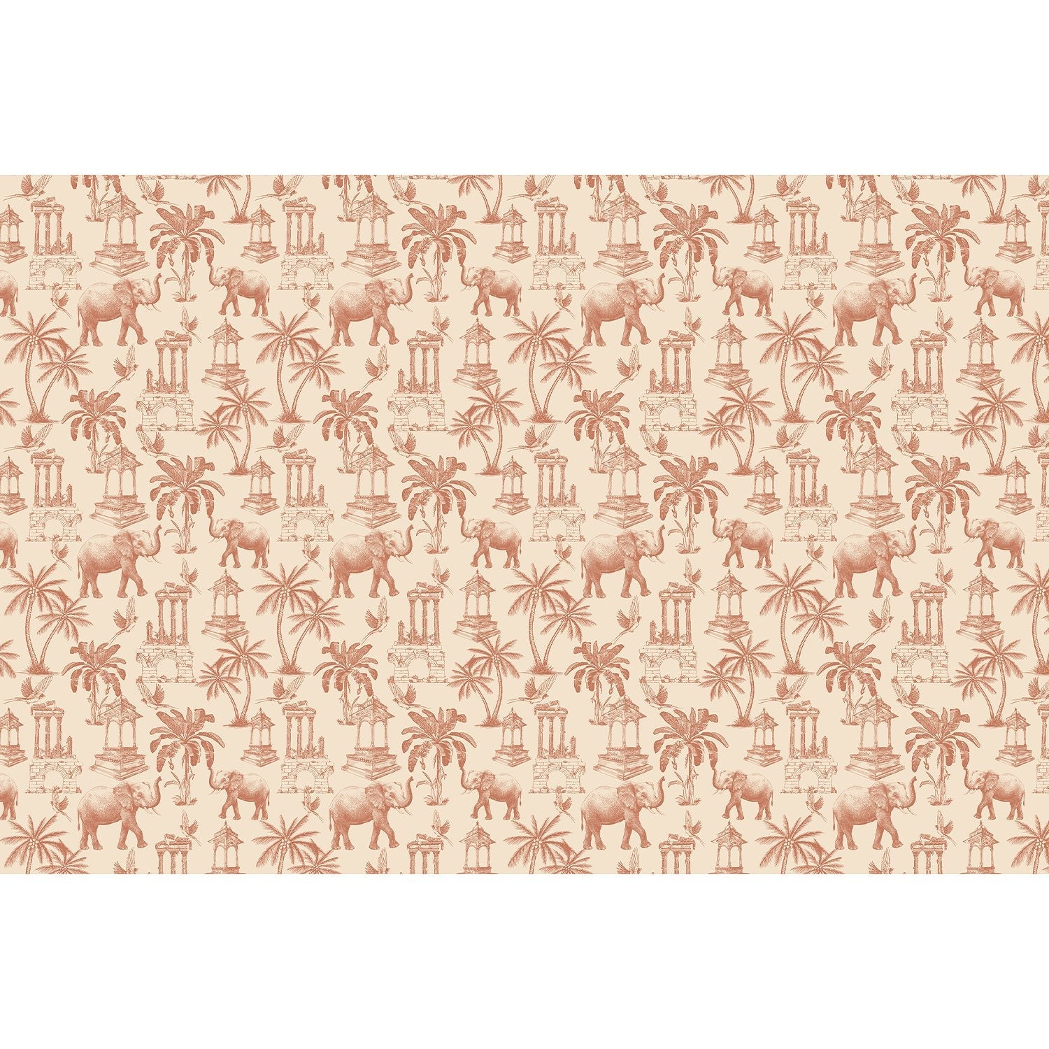 Navy blue toile pattern featuring elephants, palm trees and classical monuments on white background - view 25 - final