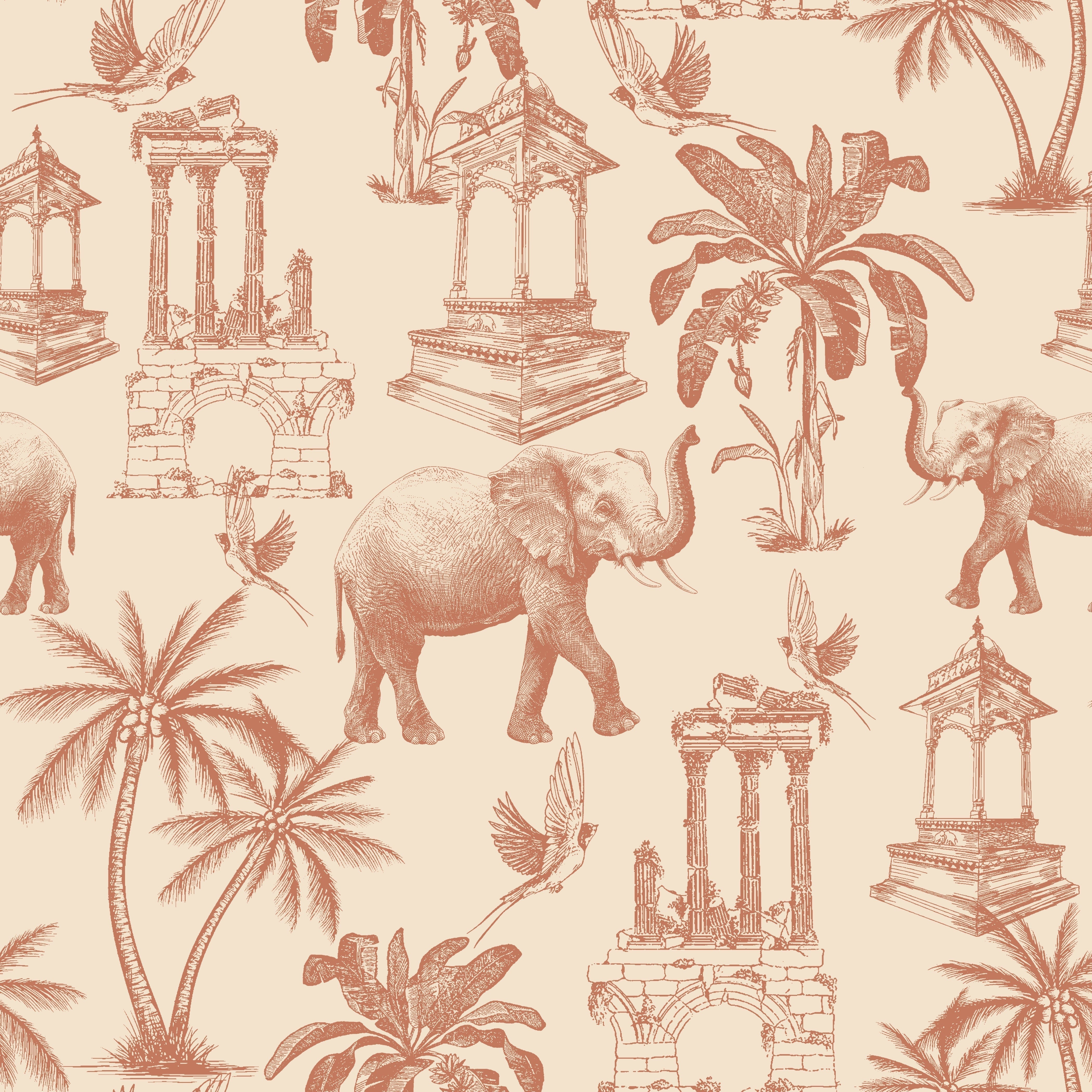 Navy blue toile pattern featuring elephants, palm trees and classical monuments on white background - view 26 - repeat-original - final