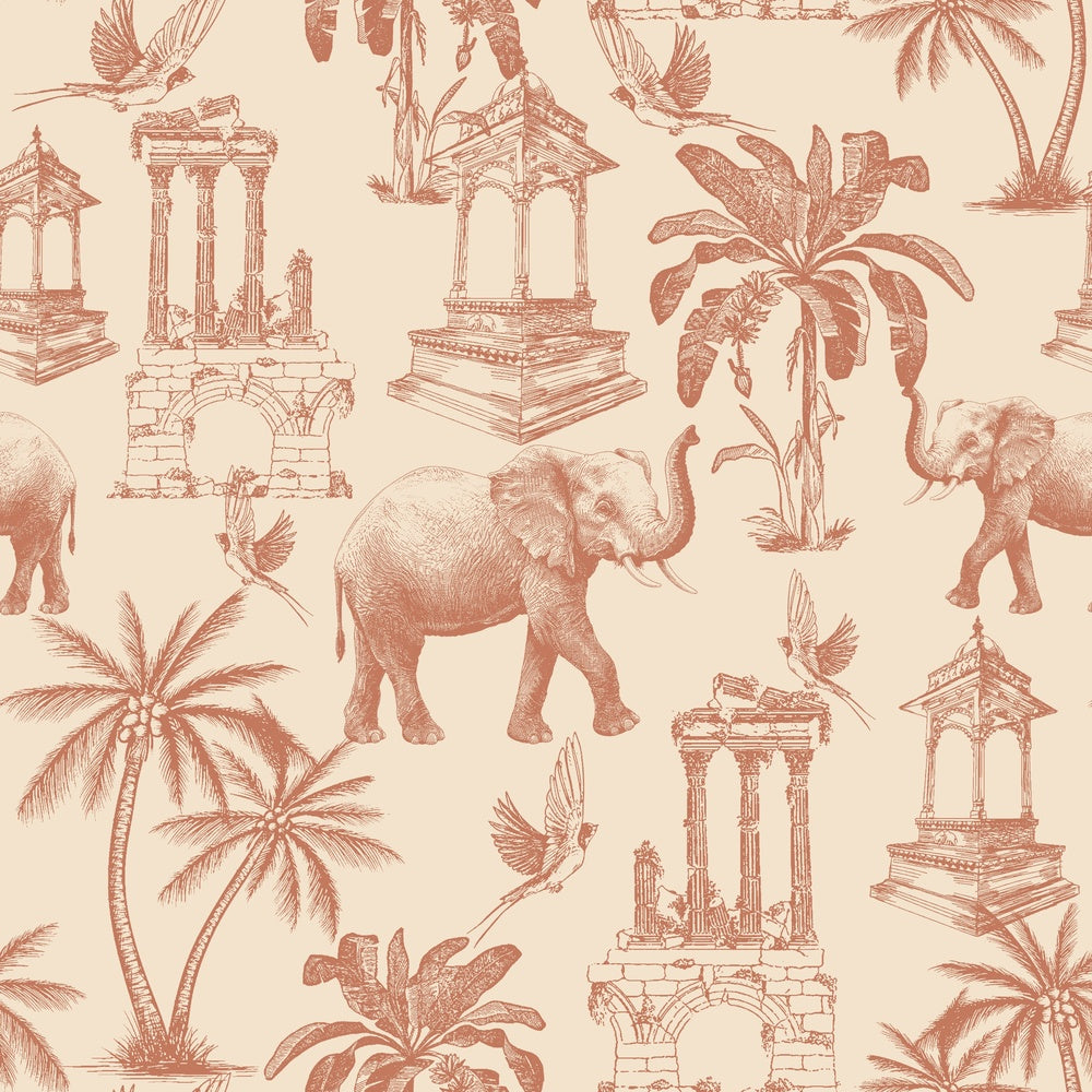 Navy blue toile pattern featuring elephants, palm trees and classical monuments on white background - view 27 - repeat-small - final