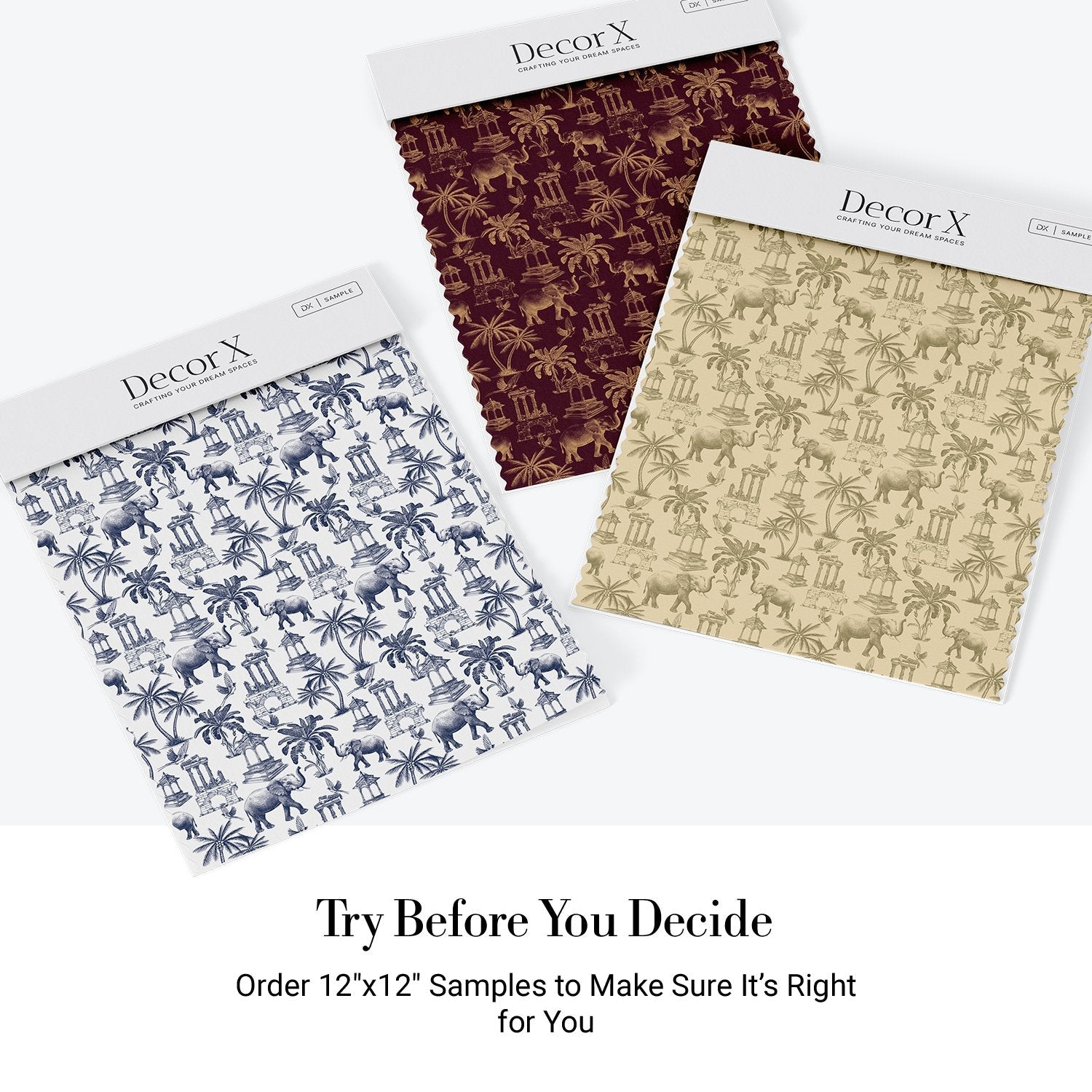 Navy blue toile pattern featuring elephants, palm trees and classical monuments on white background - view 28 - final all-groups samples