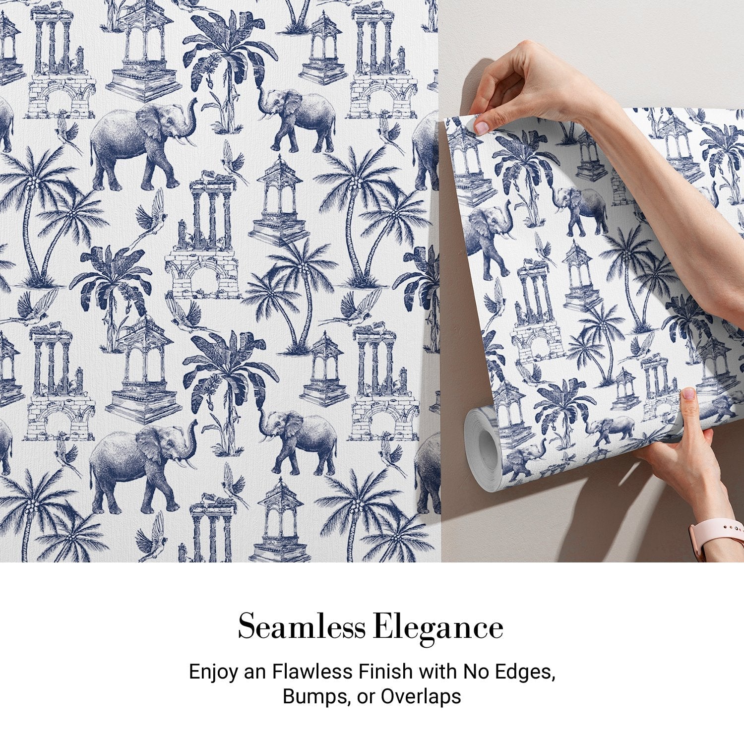 Navy blue toile pattern featuring elephants, palm trees and classical monuments on white background - view 3 - final