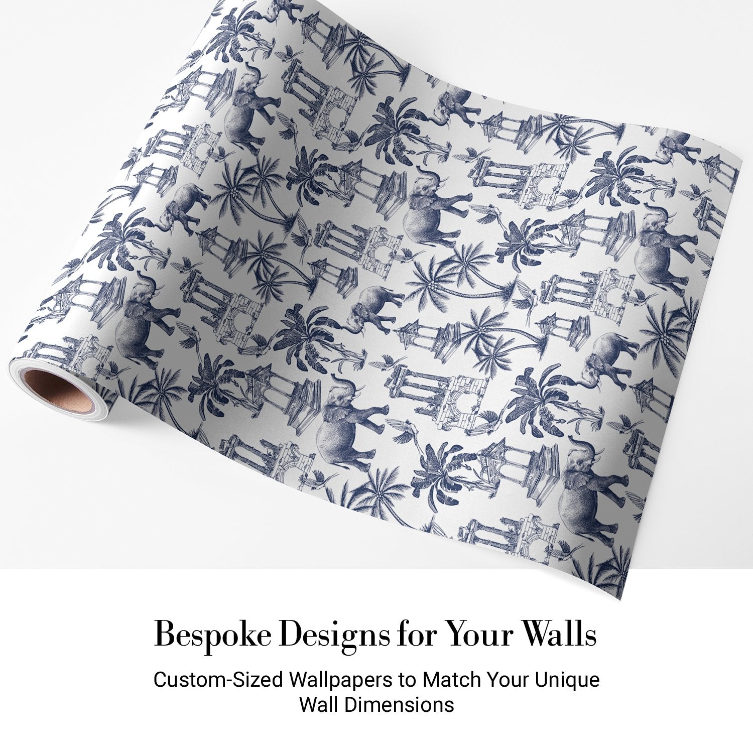 Navy blue toile pattern featuring elephants, palm trees and classical monuments on white background - view 4 - final