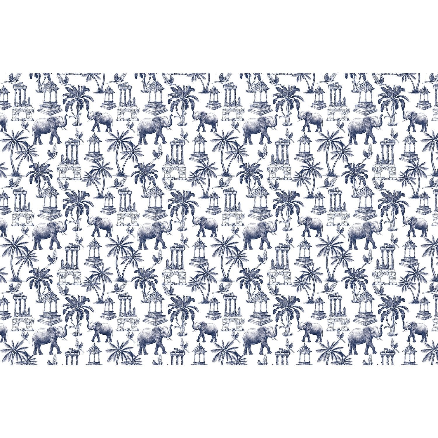 Navy blue toile pattern featuring elephants, palm trees and classical monuments on white background - view 5 - repeat-full-square - final