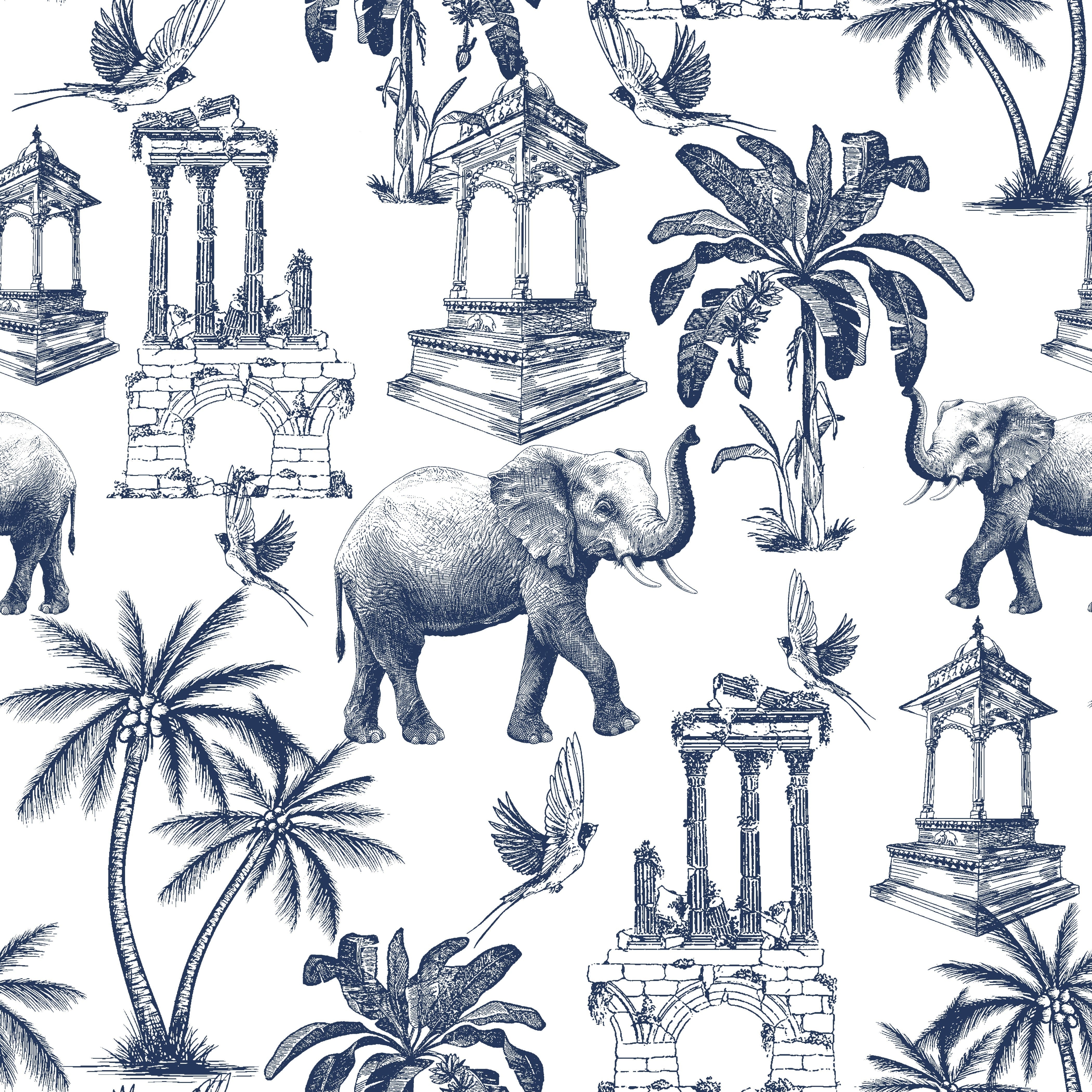 Navy blue toile pattern featuring elephants, palm trees and classical monuments on white background - view 6 - repeat-original - final