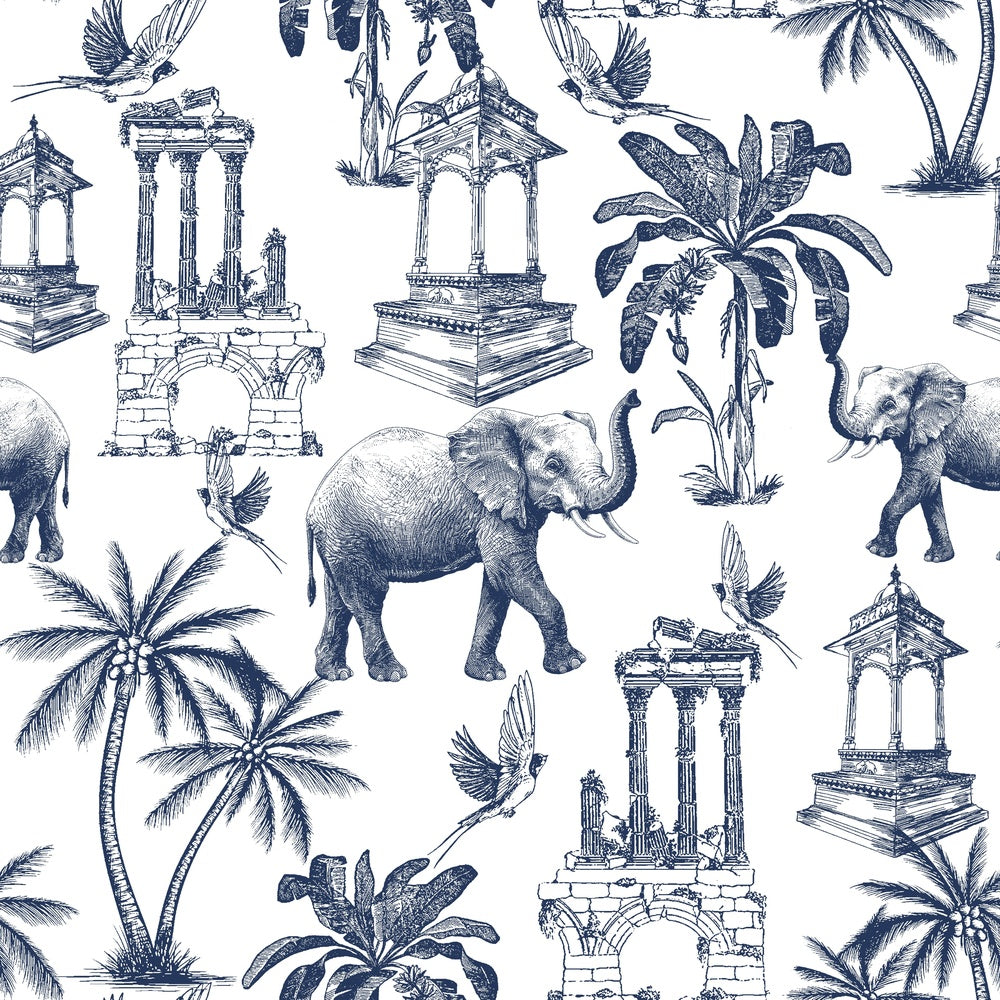 Navy blue toile pattern featuring elephants, palm trees and classical monuments on white background - view 7 - repeat-small - final