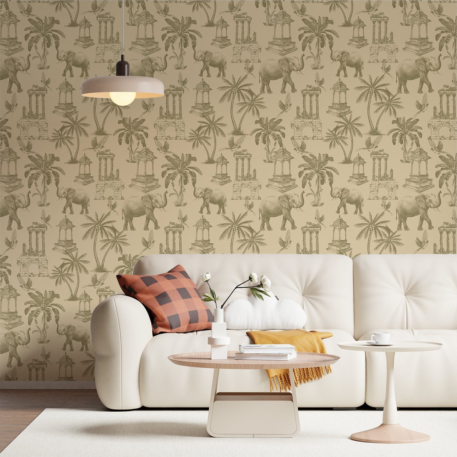 Navy blue toile pattern featuring elephants, palm trees and classical monuments on white background - view 8 - final