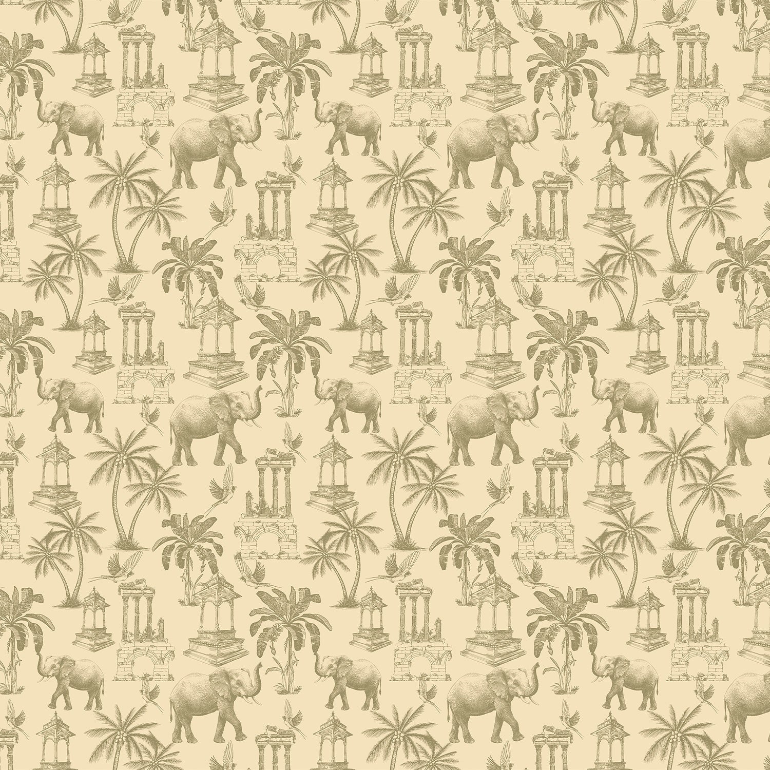 Navy blue toile pattern featuring elephants, palm trees and classical monuments on white background - view 9 - final