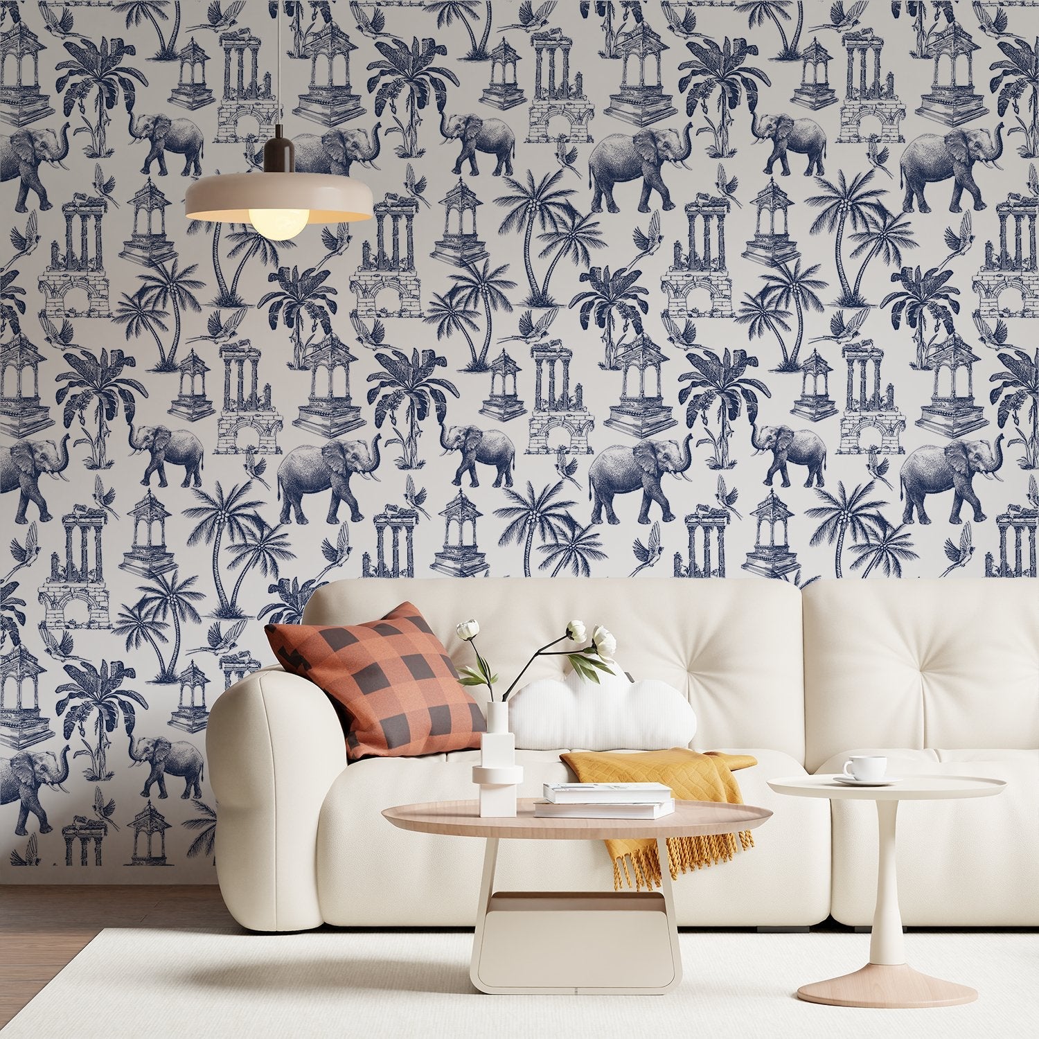 Navy blue toile pattern featuring elephants, palm trees and classical monuments on white background - final living-room