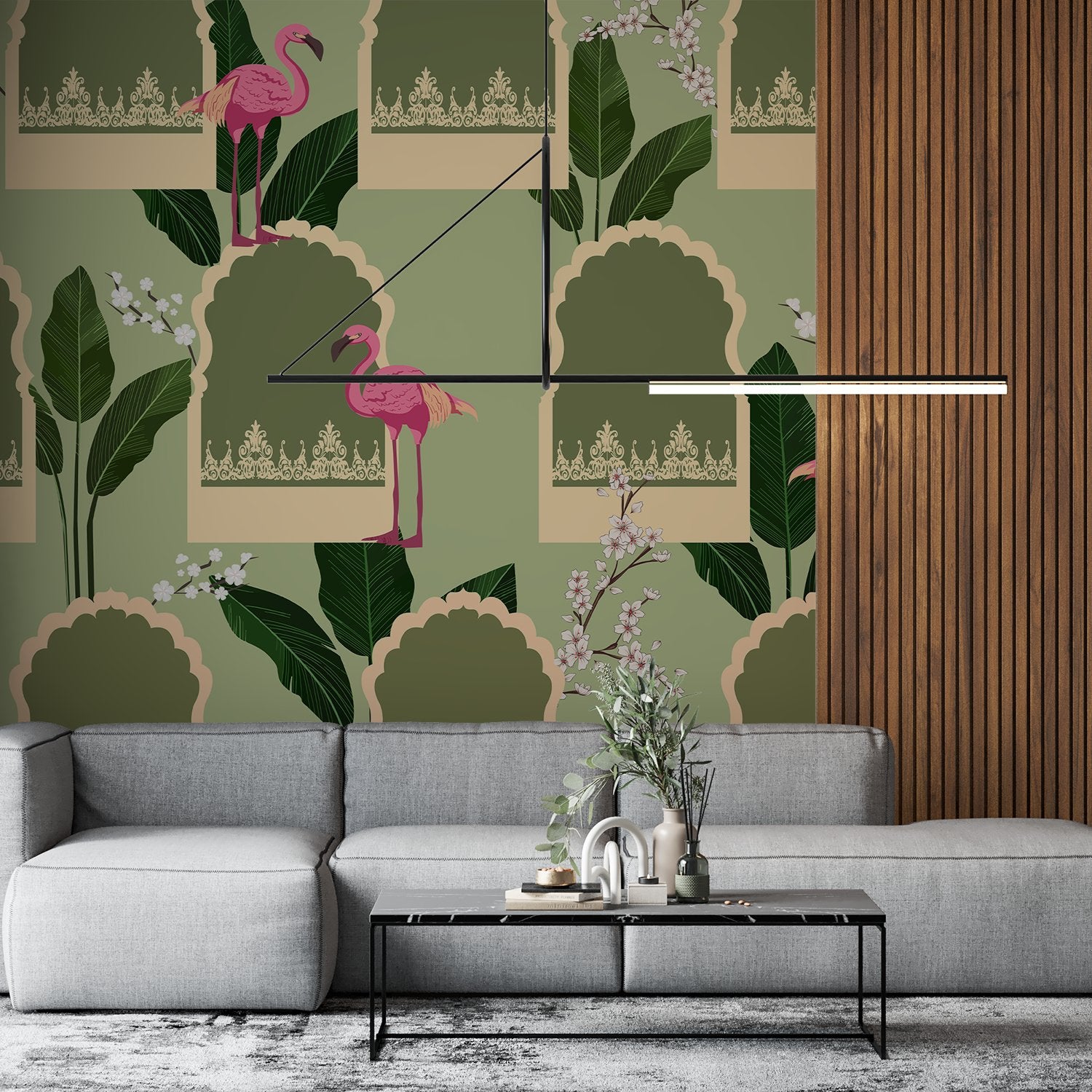 Pink flamingos with tropical leaves on mustard background featuring teal Mughal-inspired architectural elements - view 11 - final
