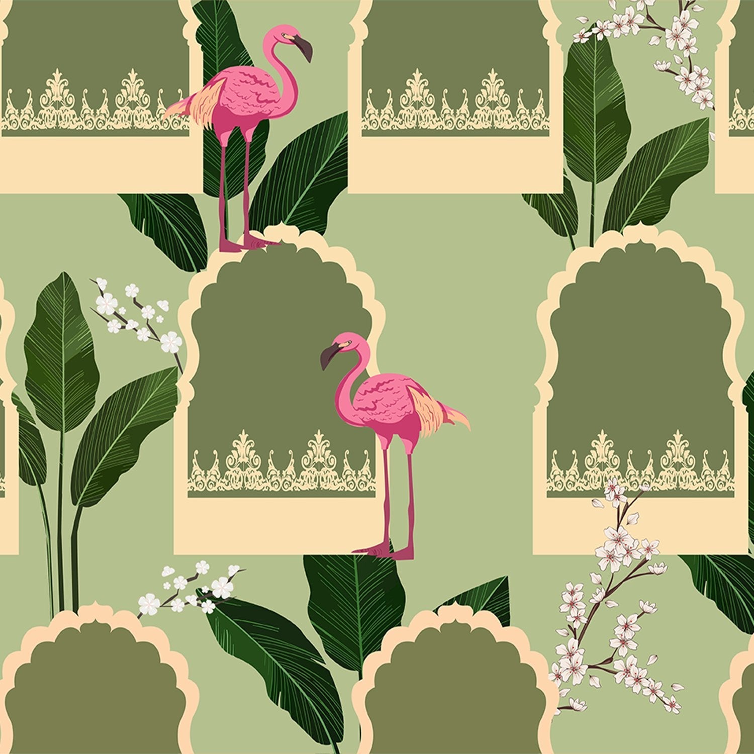 Pink flamingos with tropical leaves on mustard background featuring teal Mughal-inspired architectural elements - view 12 - final