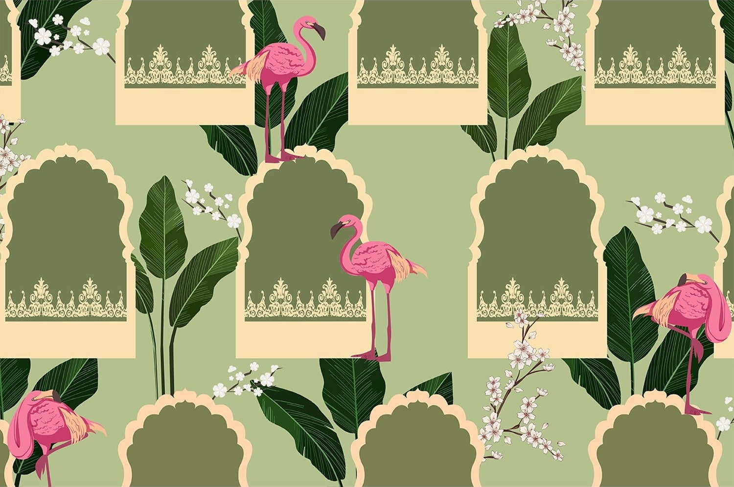 "Chic flamingo modern arch design in lea - tropical wallpaper mural-inequal final"