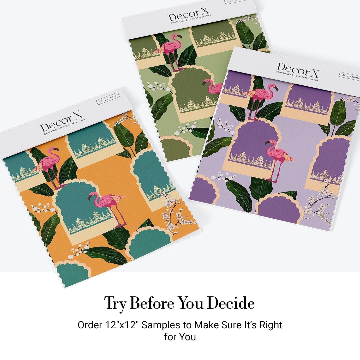 Pink flamingos with tropical leaves on mustard background featuring teal Mughal-inspired architectural elements - view 15 - final all-groups samples