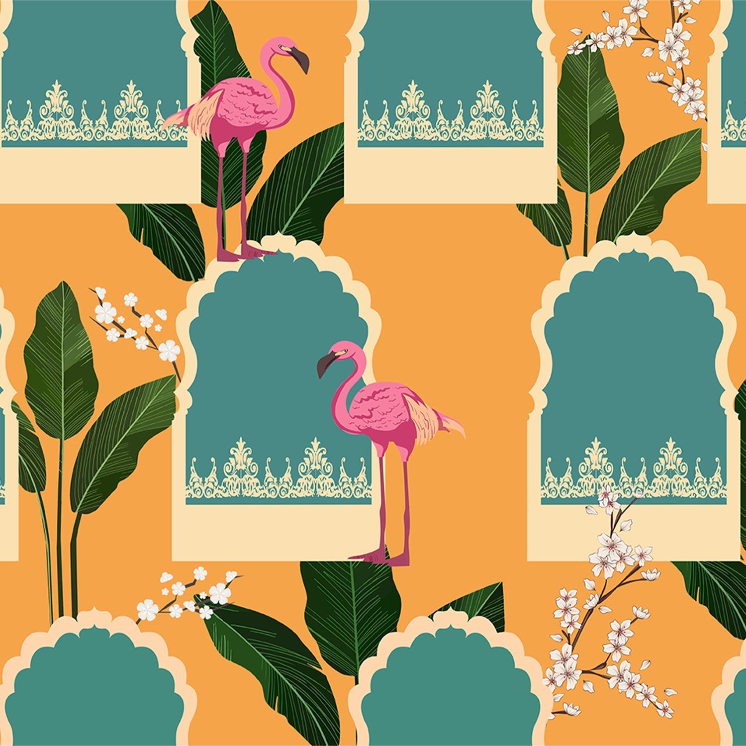 Pink flamingos with tropical leaves on mustard background featuring teal Mughal-inspired architectural elements - view 2 - final