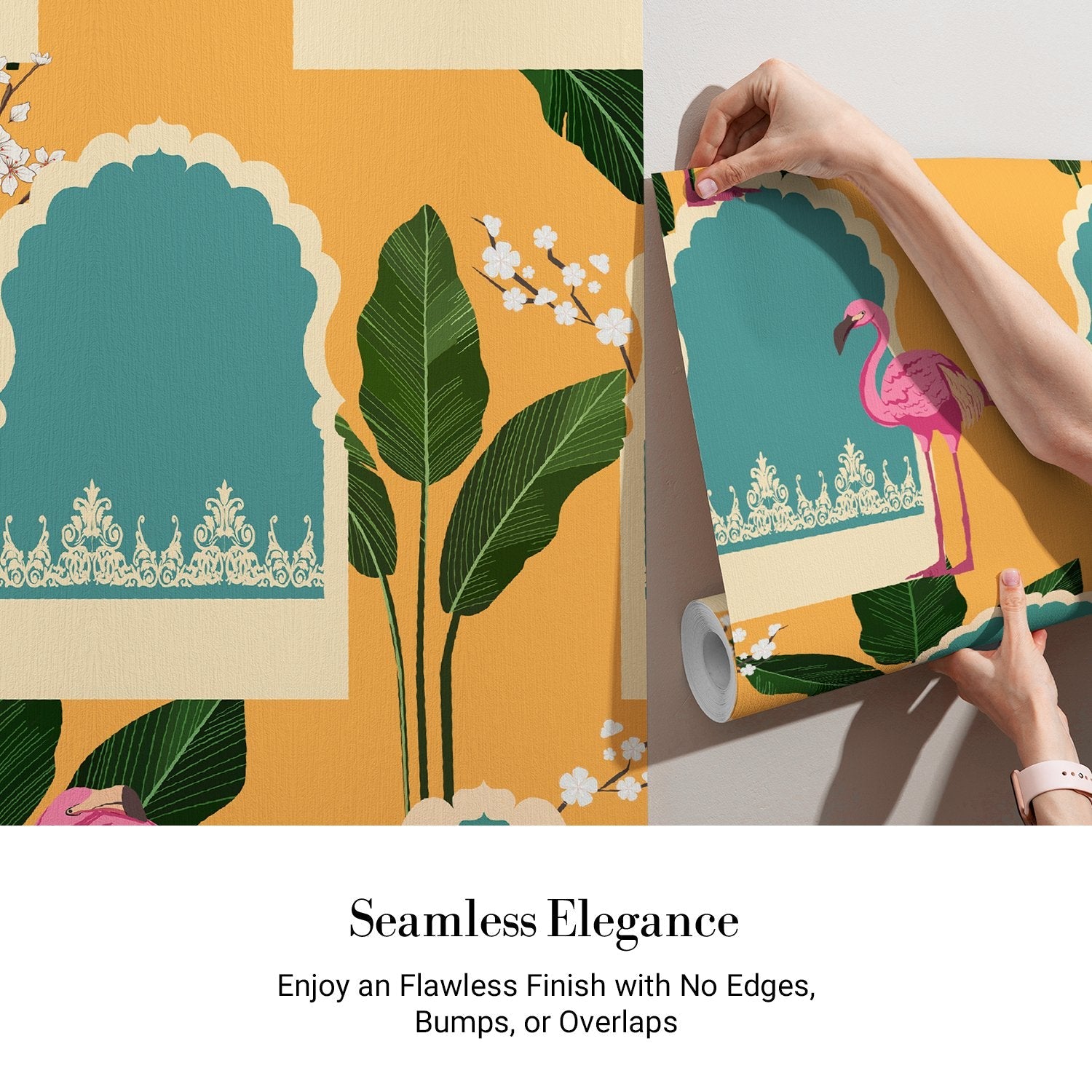 Pink flamingos with tropical leaves on mustard background featuring teal Mughal-inspired architectural elements - view 3 - final