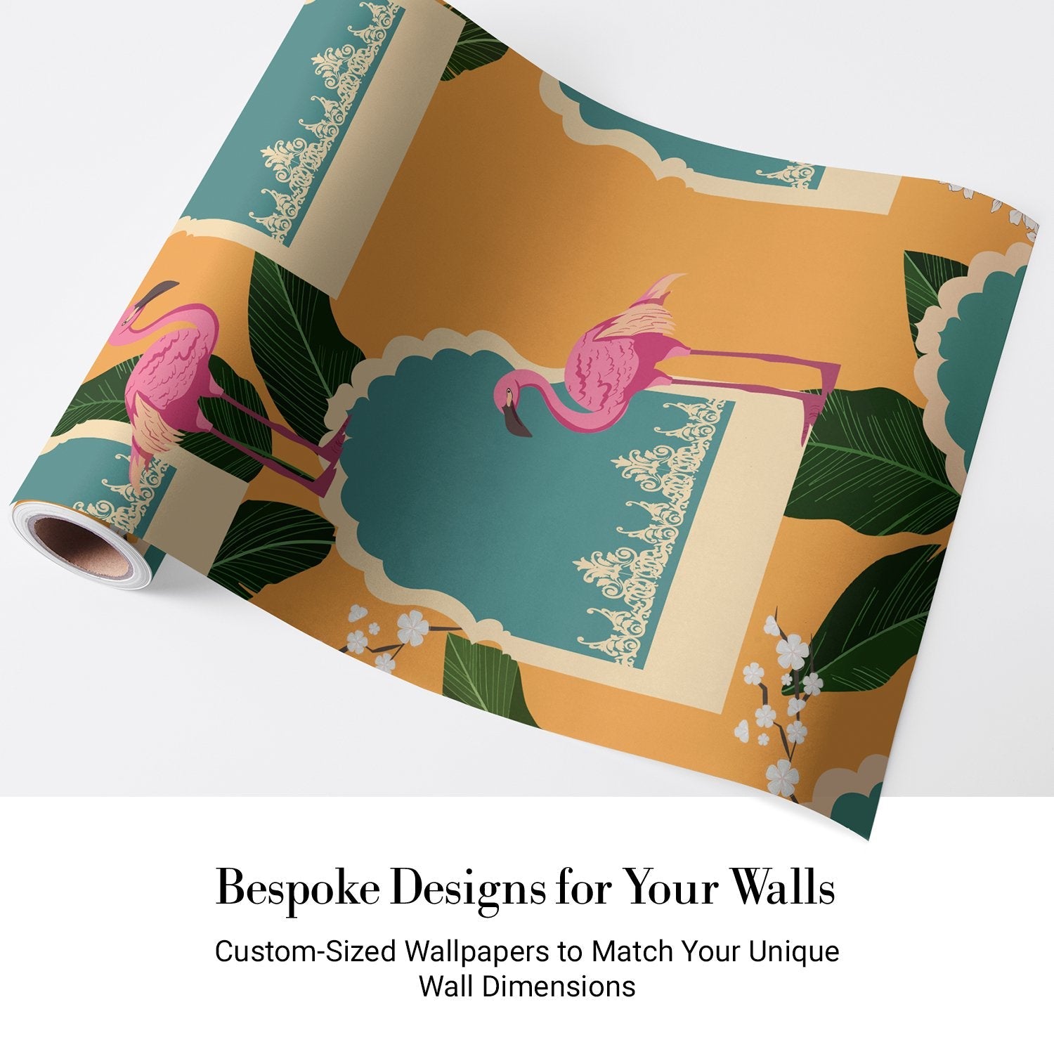 Pink flamingos with tropical leaves on mustard background featuring teal Mughal-inspired architectural elements - view 4 - final