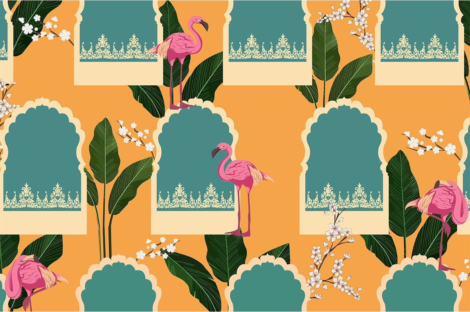"Chic flamingo modern arch design in lea - tropical wallpaper mural-inequal final"