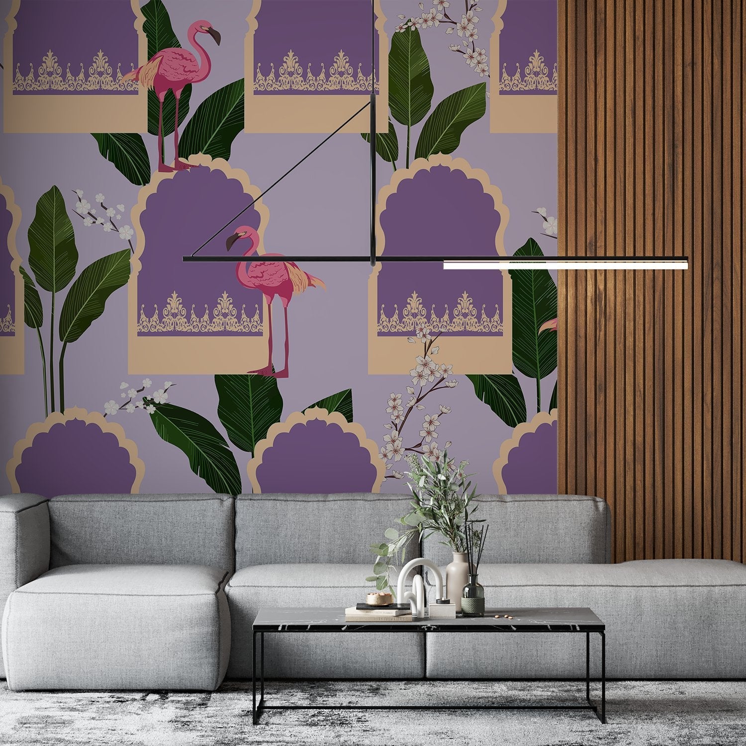 Pink flamingos with tropical leaves on mustard background featuring teal Mughal-inspired architectural elements - view 7 - final