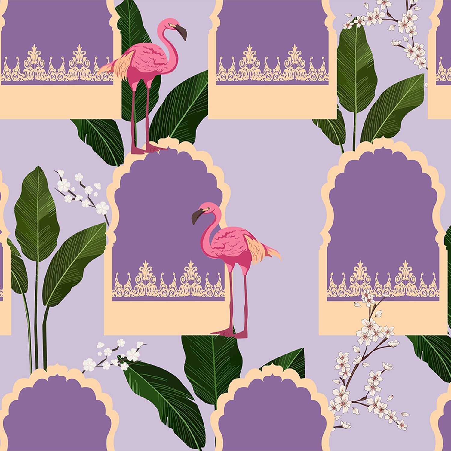Pink flamingos with tropical leaves on mustard background featuring teal Mughal-inspired architectural elements - view 8 - final