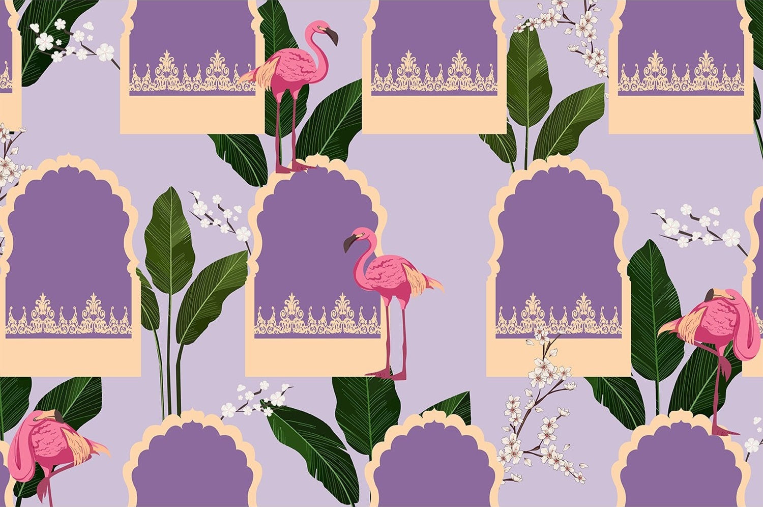 "Chic flamingo modern arch design in lea - tropical wallpaper mural-inequal final"