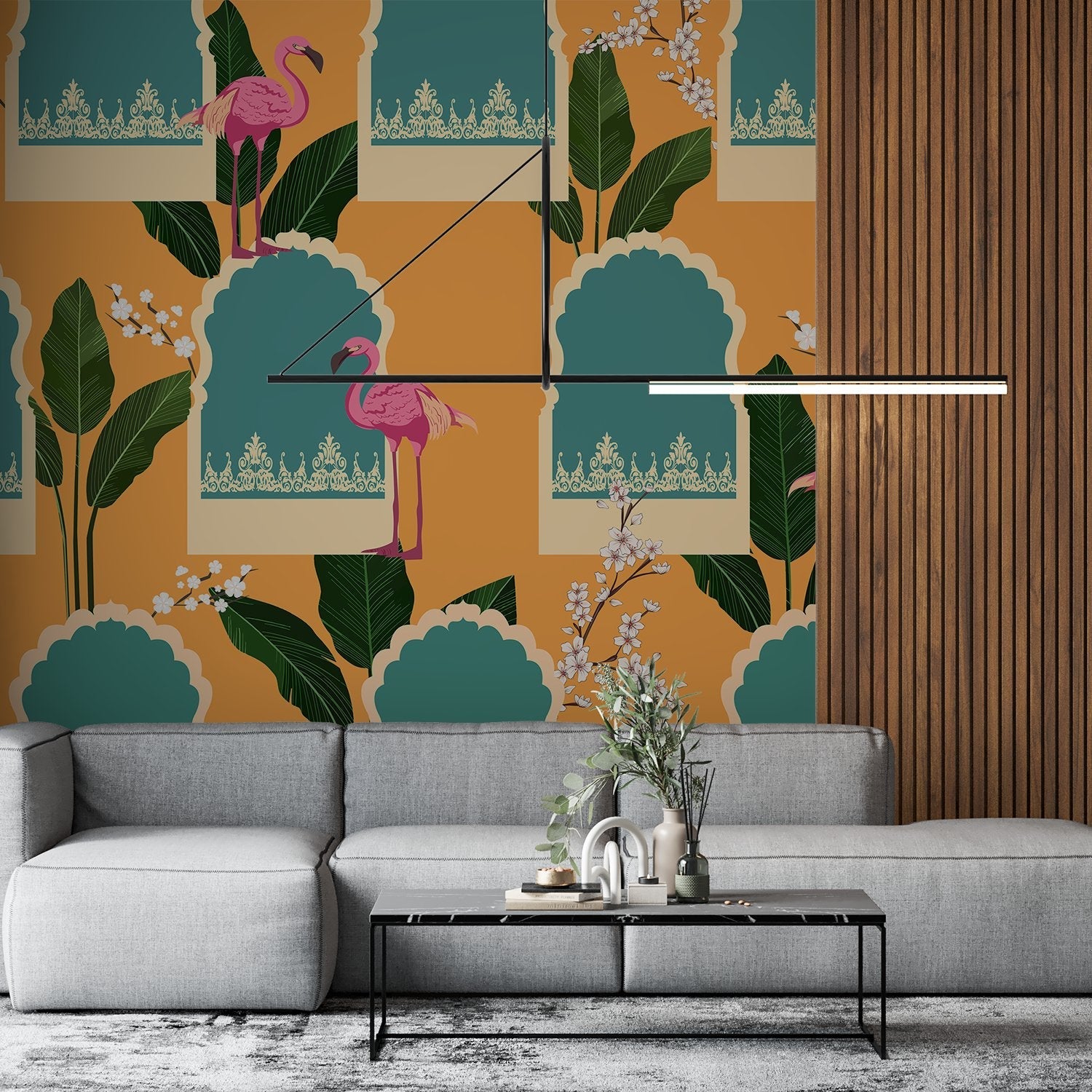 Pink flamingos with tropical leaves on mustard background featuring teal Mughal-inspired architectural elements - final living-room