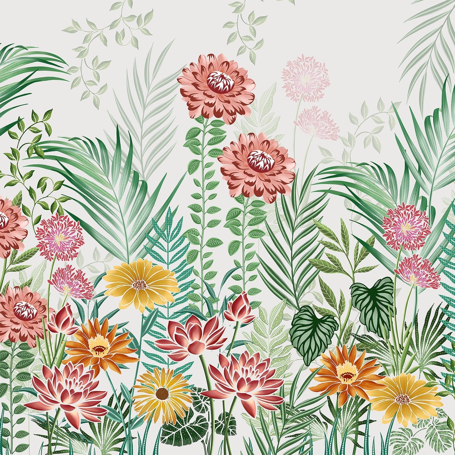Botanical wall mural with pink dahlias, yellow daisies and tropical palm leaves on white - view 2 - final