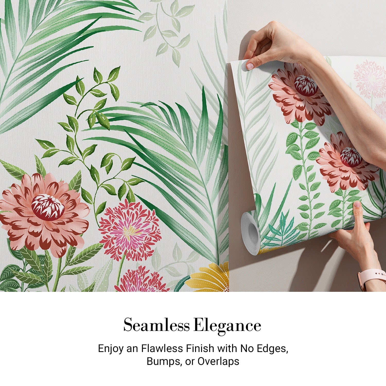 Botanical wall mural with pink dahlias, yellow daisies and tropical palm leaves on white - view 3 - final