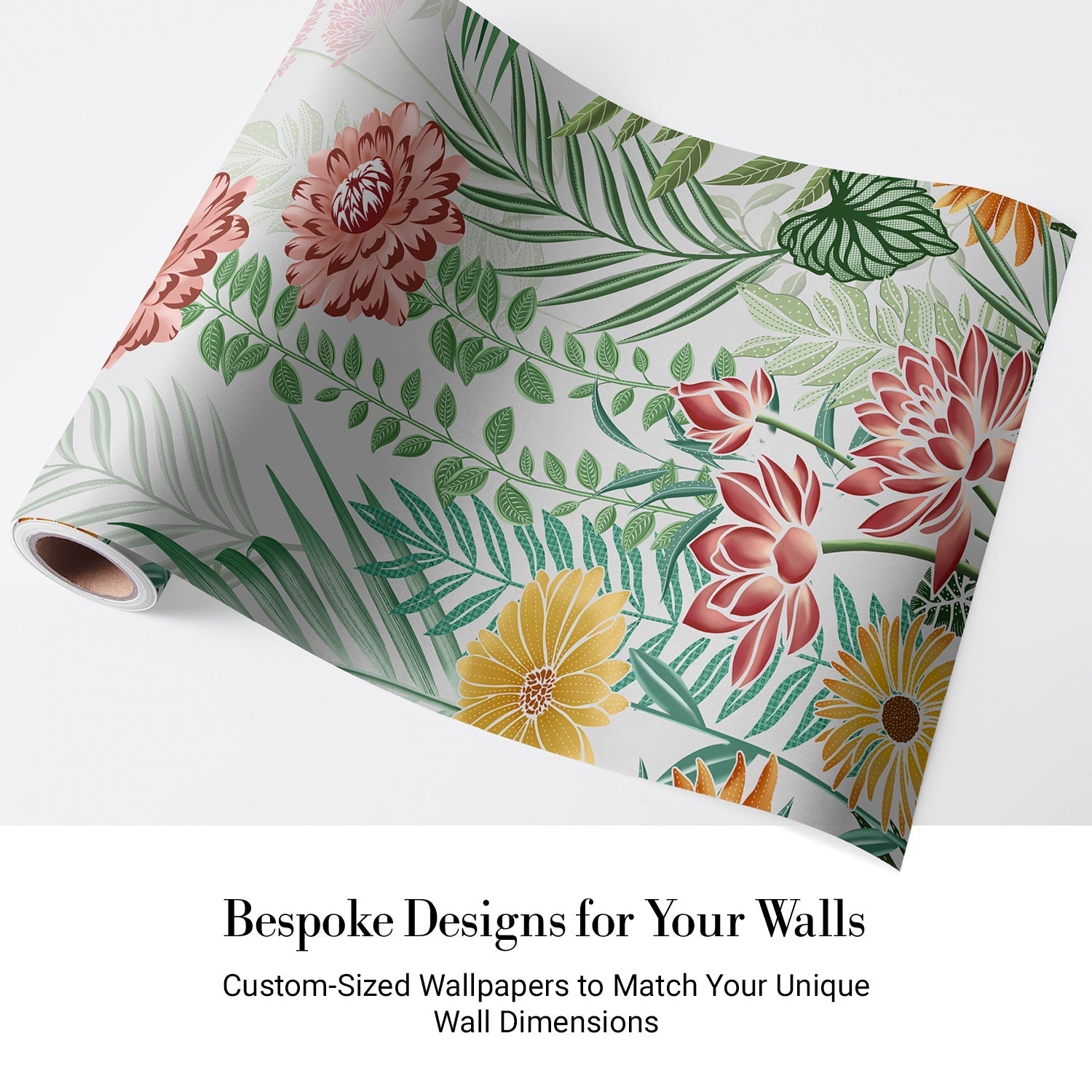 Botanical wall mural with pink dahlias, yellow daisies and tropical palm leaves on white - view 4 - final