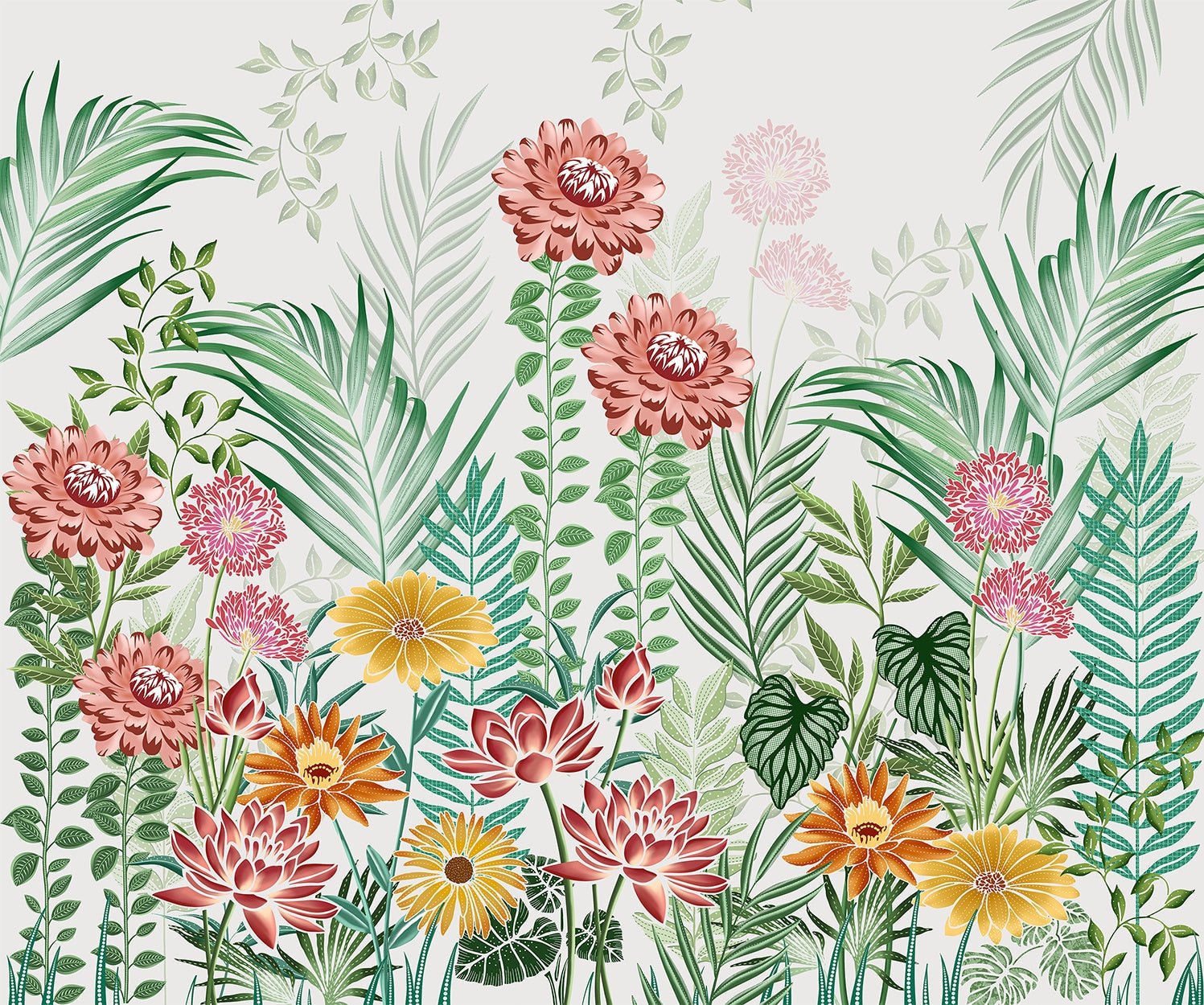 "Vibrant lea tropical floral garden oasis wallpaper mural-inequal final"