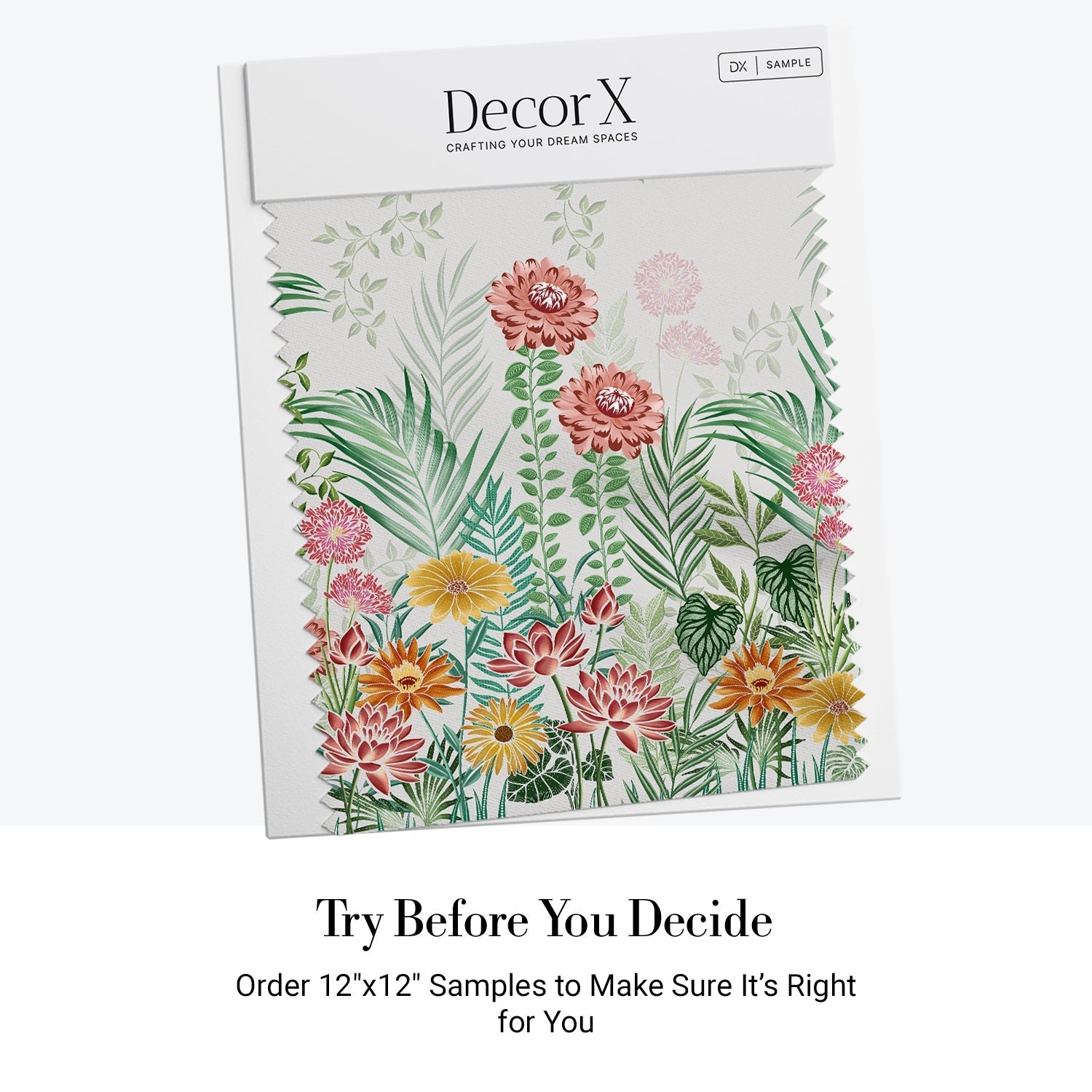 Botanical wall mural with pink dahlias, yellow daisies and tropical palm leaves on white - view 7 - final all-groups samples