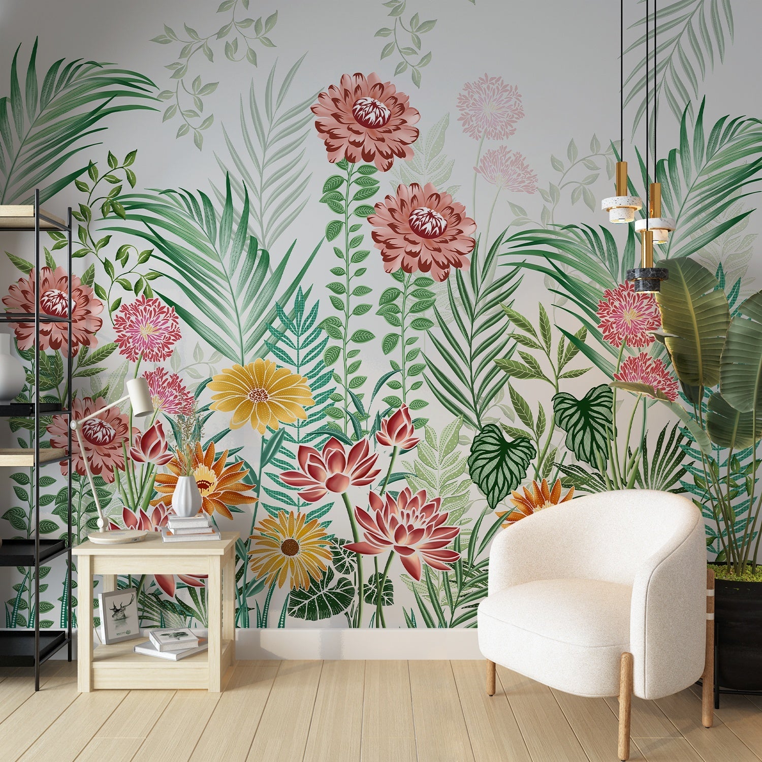 Botanical wall mural with pink dahlias, yellow daisies and tropical palm leaves on white - final hobby-room