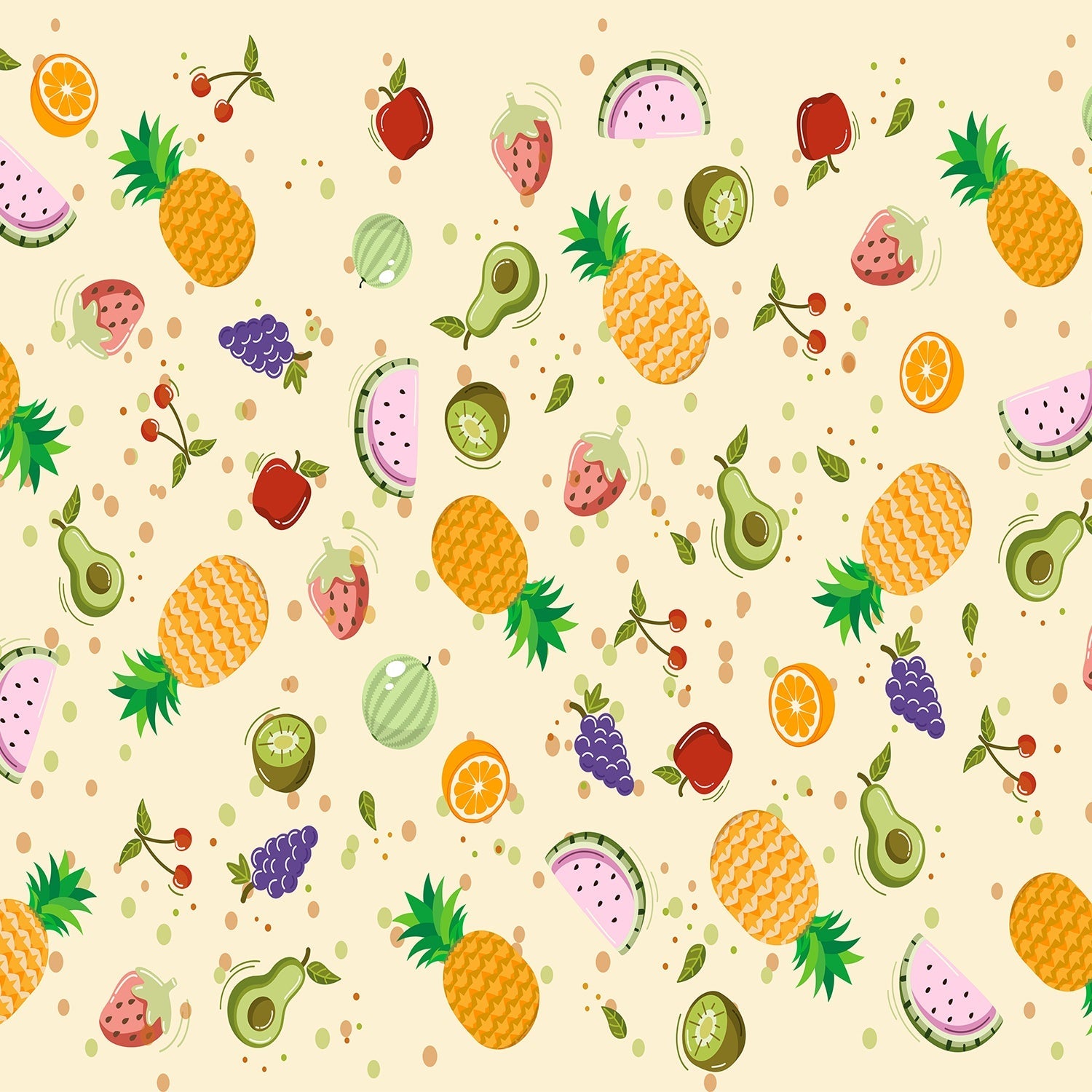 Cheerful scattered pattern with pineapples watermelons strawberries avocados and citrus on cream background - view 2 - final