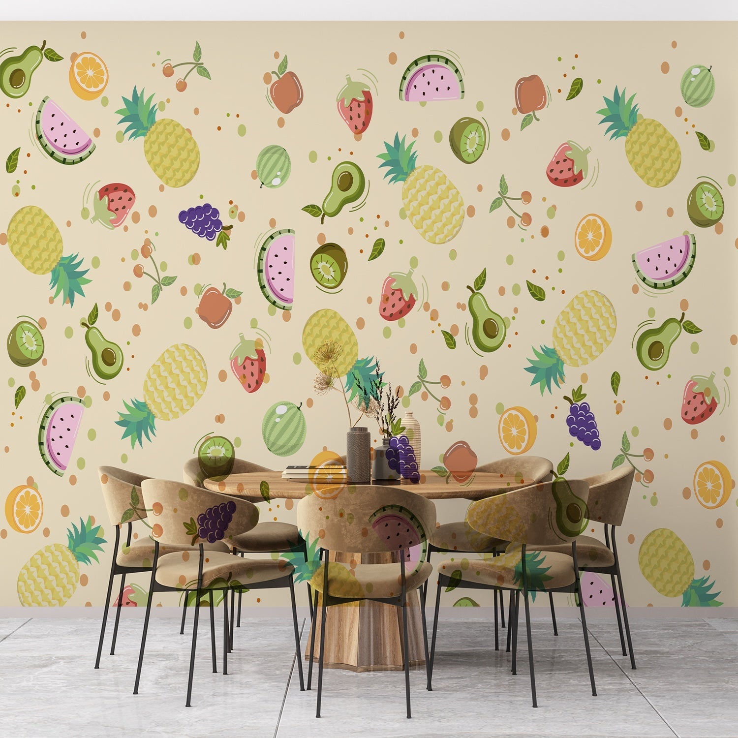 Cheerful scattered pattern with pineapples watermelons strawberries avocados and citrus on cream background - final dining-room