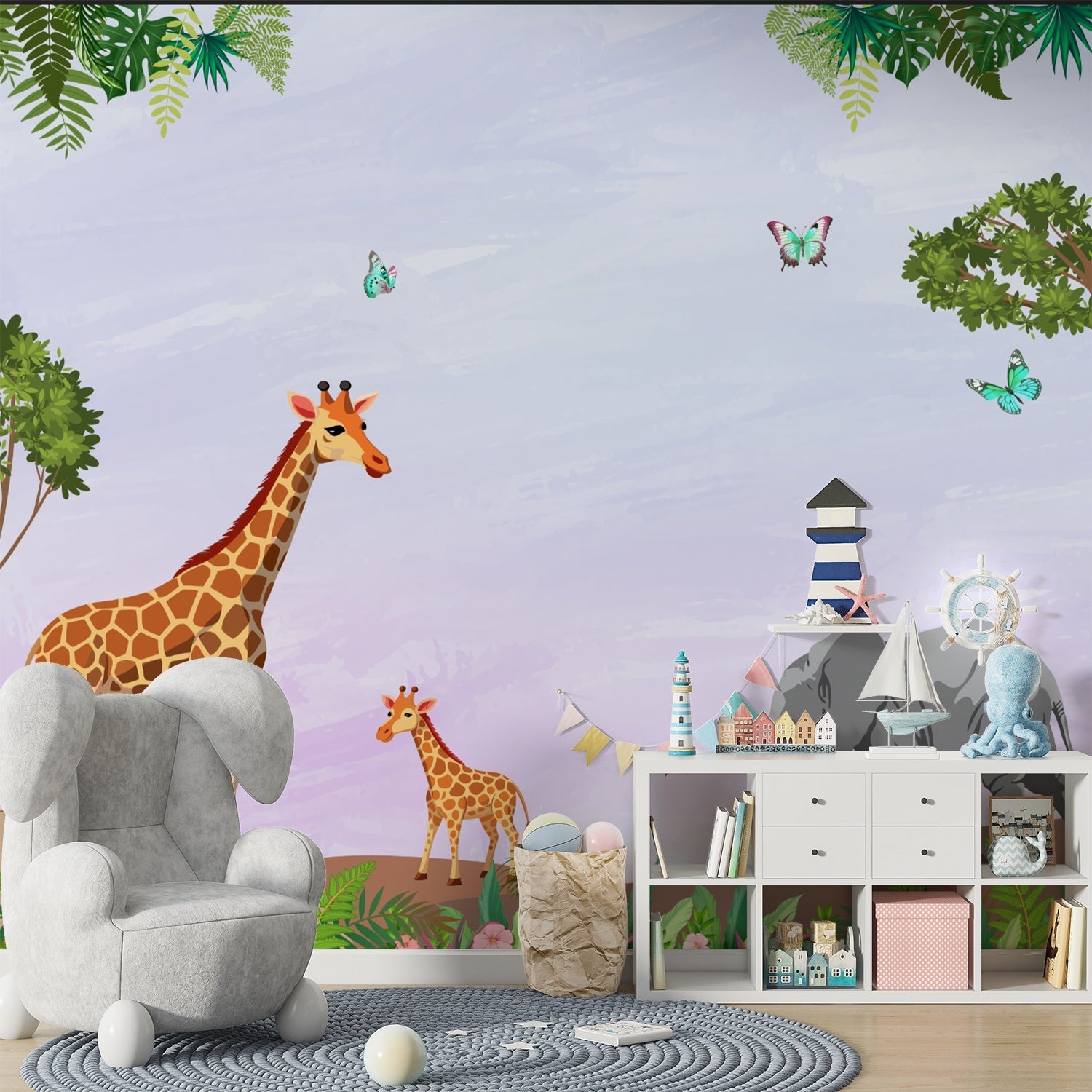 Whimsical safari scene with giraffes, butterflies and lighthouse against mint green tropical background - view 11 - final