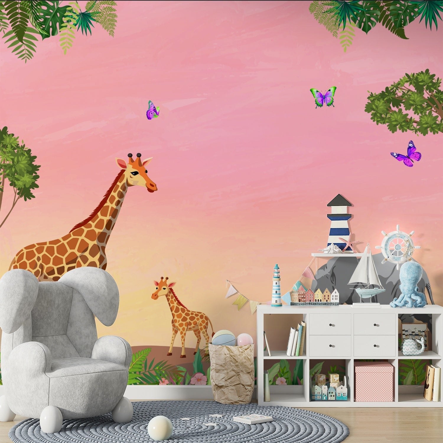 Whimsical safari scene with giraffes, butterflies and lighthouse against mint green tropical background - view 15 - final