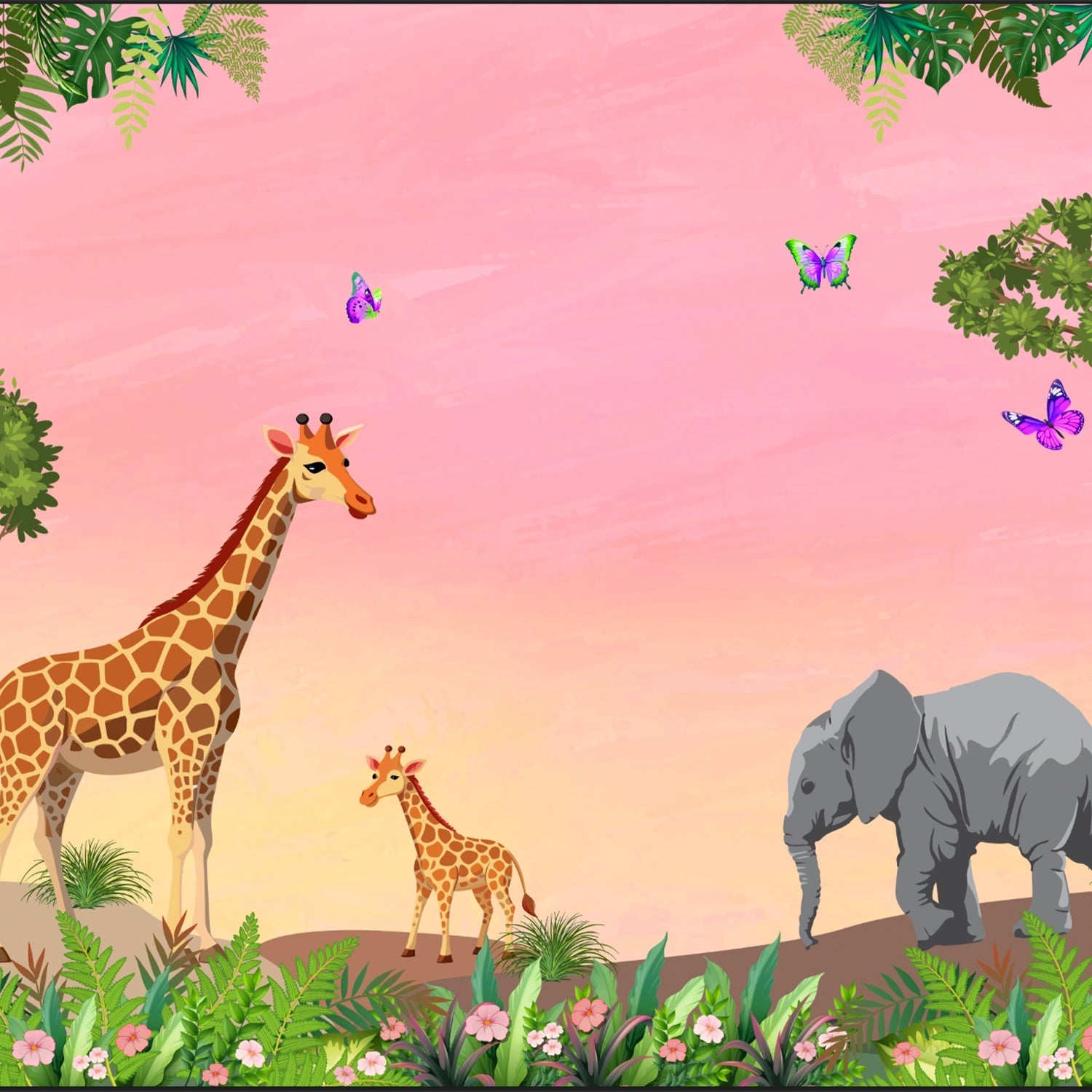 Whimsical safari scene with giraffes, butterflies and lighthouse against mint green tropical background - view 16 - final