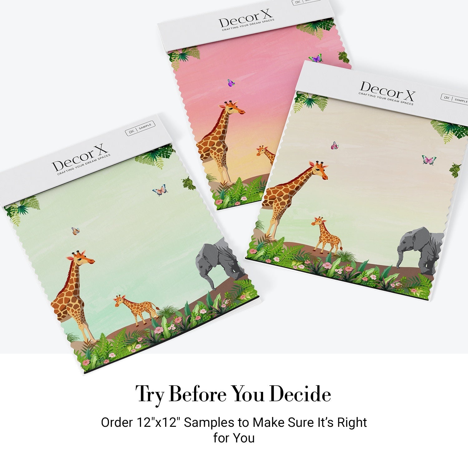 Whimsical safari scene with giraffes, butterflies and lighthouse against mint green tropical background - view 19 - final all-groups samples