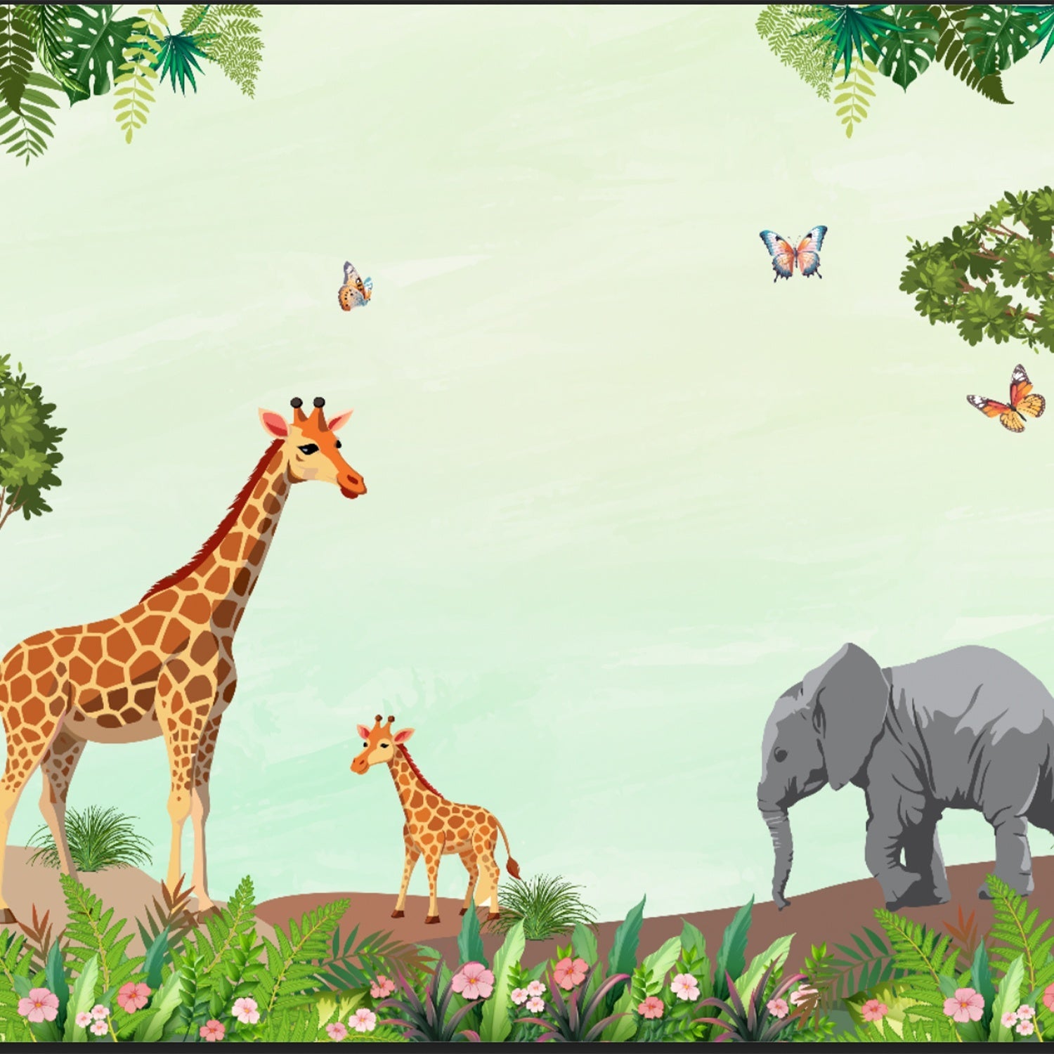 Whimsical safari scene with giraffes, butterflies and lighthouse against mint green tropical background - view 2 - final