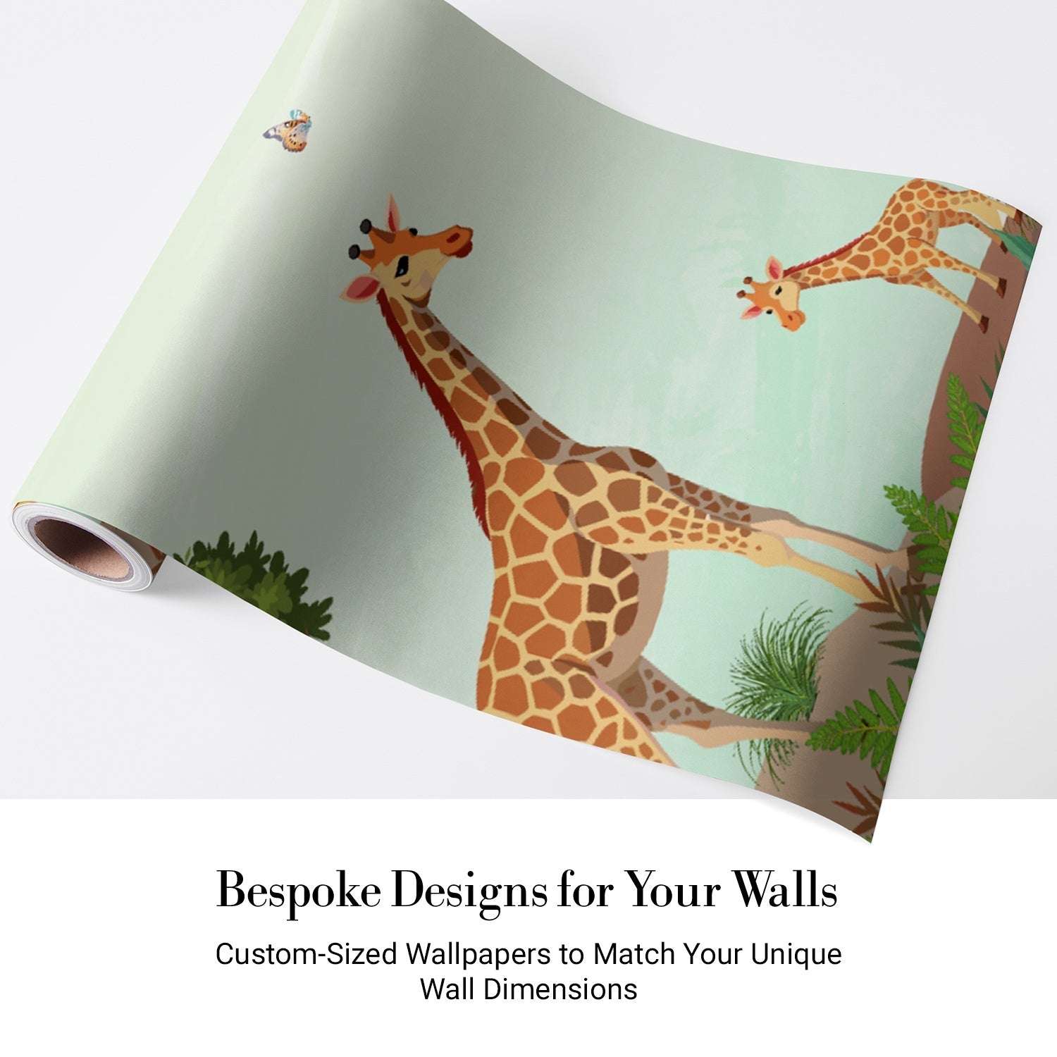 Whimsical safari scene with giraffes, butterflies and lighthouse against mint green tropical background - view 4 - final